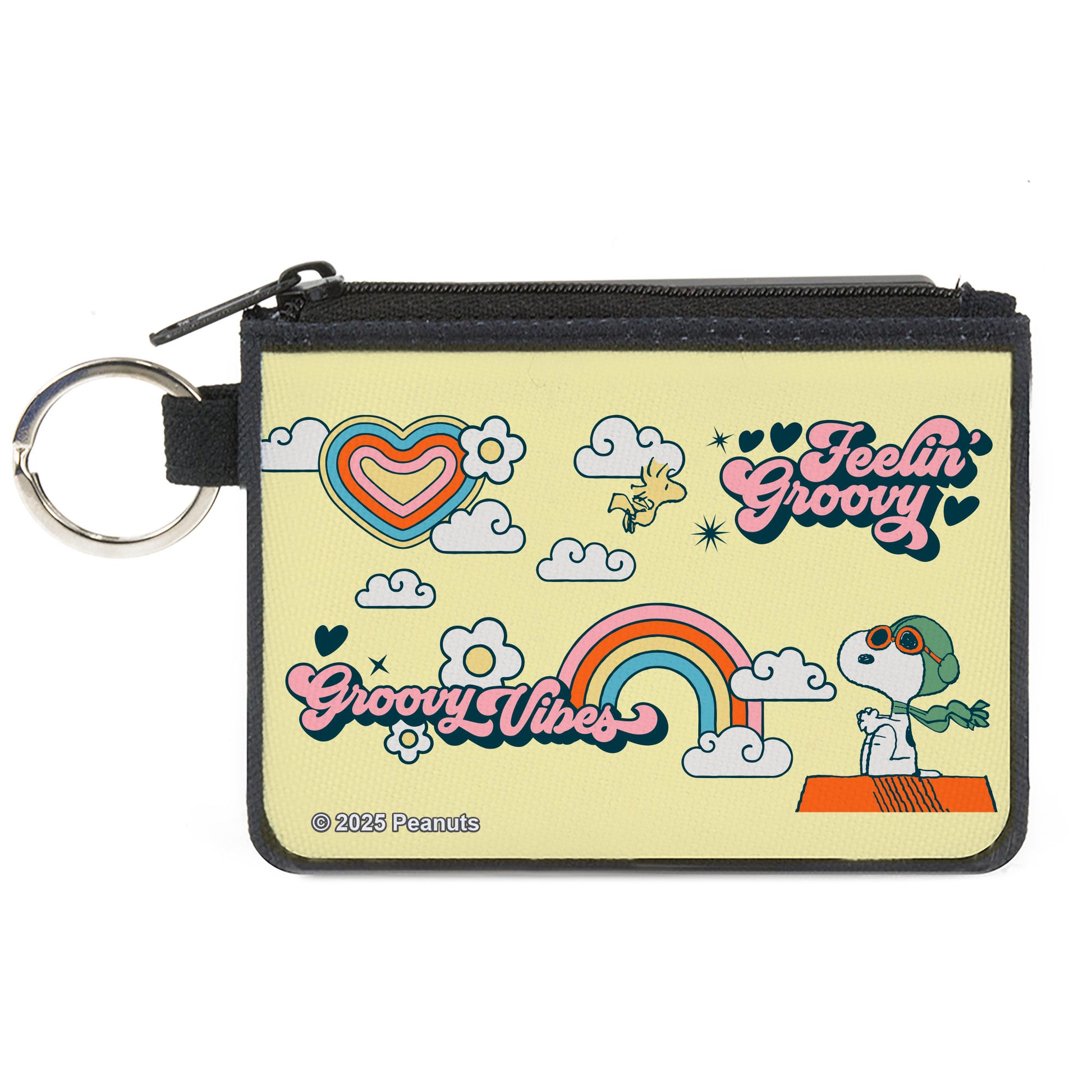 Canvas Zipper Wallet - MINI X-SMALL - Peanuts Snoopy Flying Ace and Woodstock GROOVY Quotes Collage Yellow Canvas Zipper Wallets Peanuts