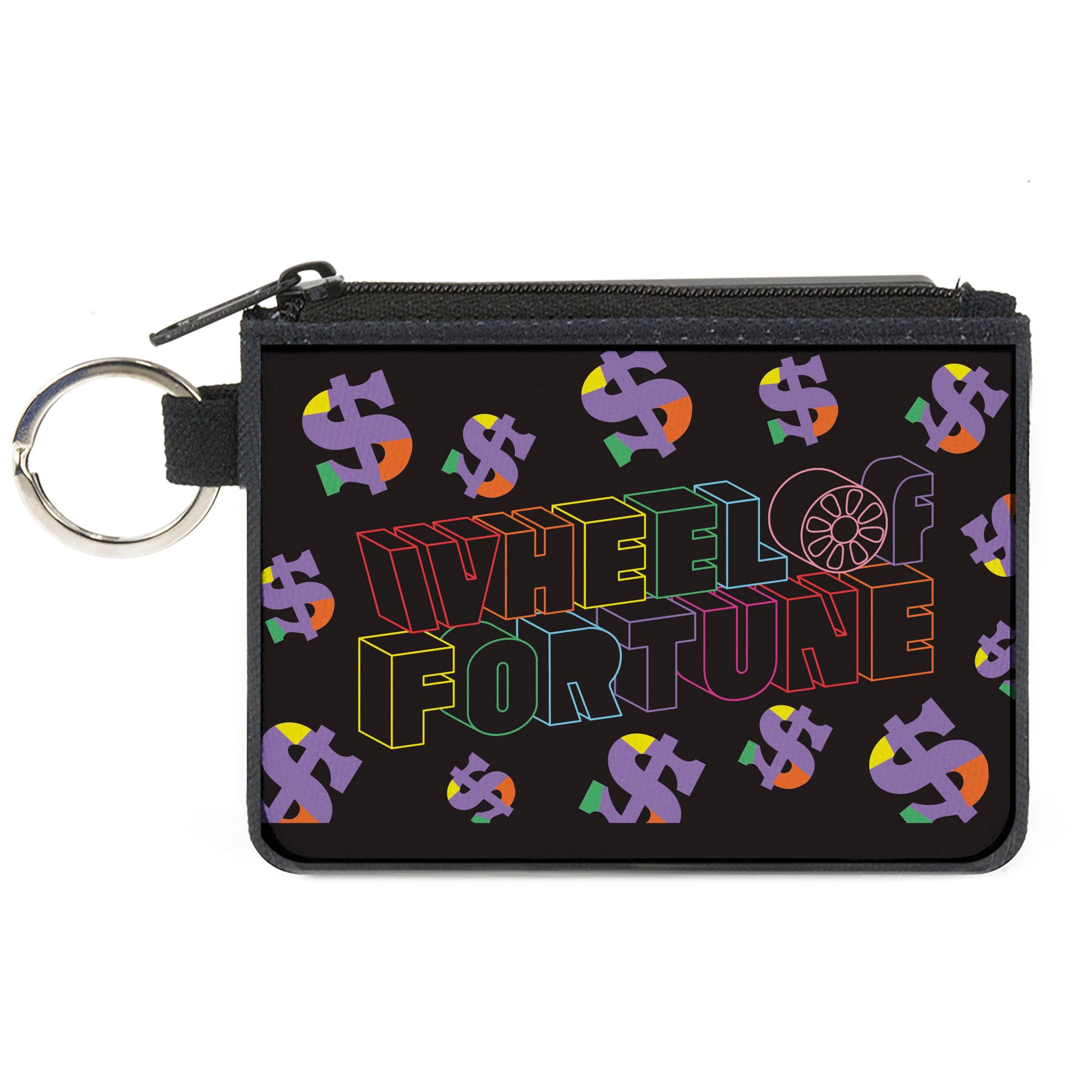 Canvas Zipper Wallet - MINI X-SMALL - WHEEL OF FORTUNE and Dollar Signs Scattered Black/Multi Color Canvas Zipper Wallets Wheel of Fortune