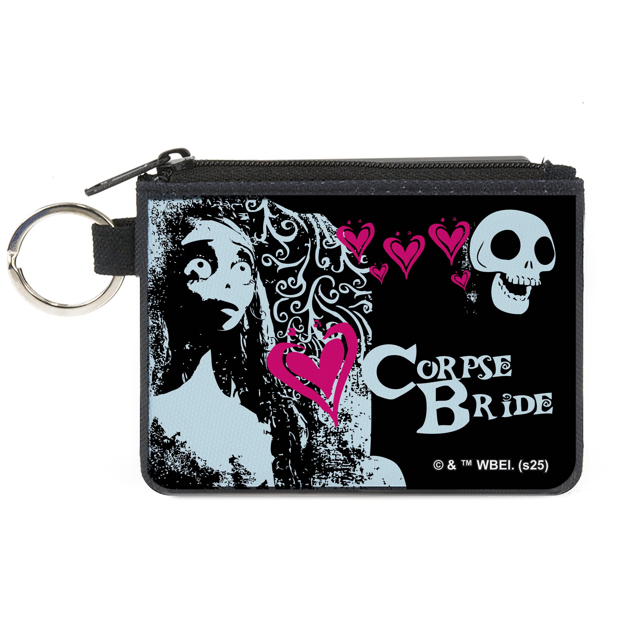 Canvas Zipper Wallet - MINI X-SMALL - THE CORPSE BRIDE Emily Hearts and Skull Black/White/Pink Canvas Zipper Wallets The Corpse Bride