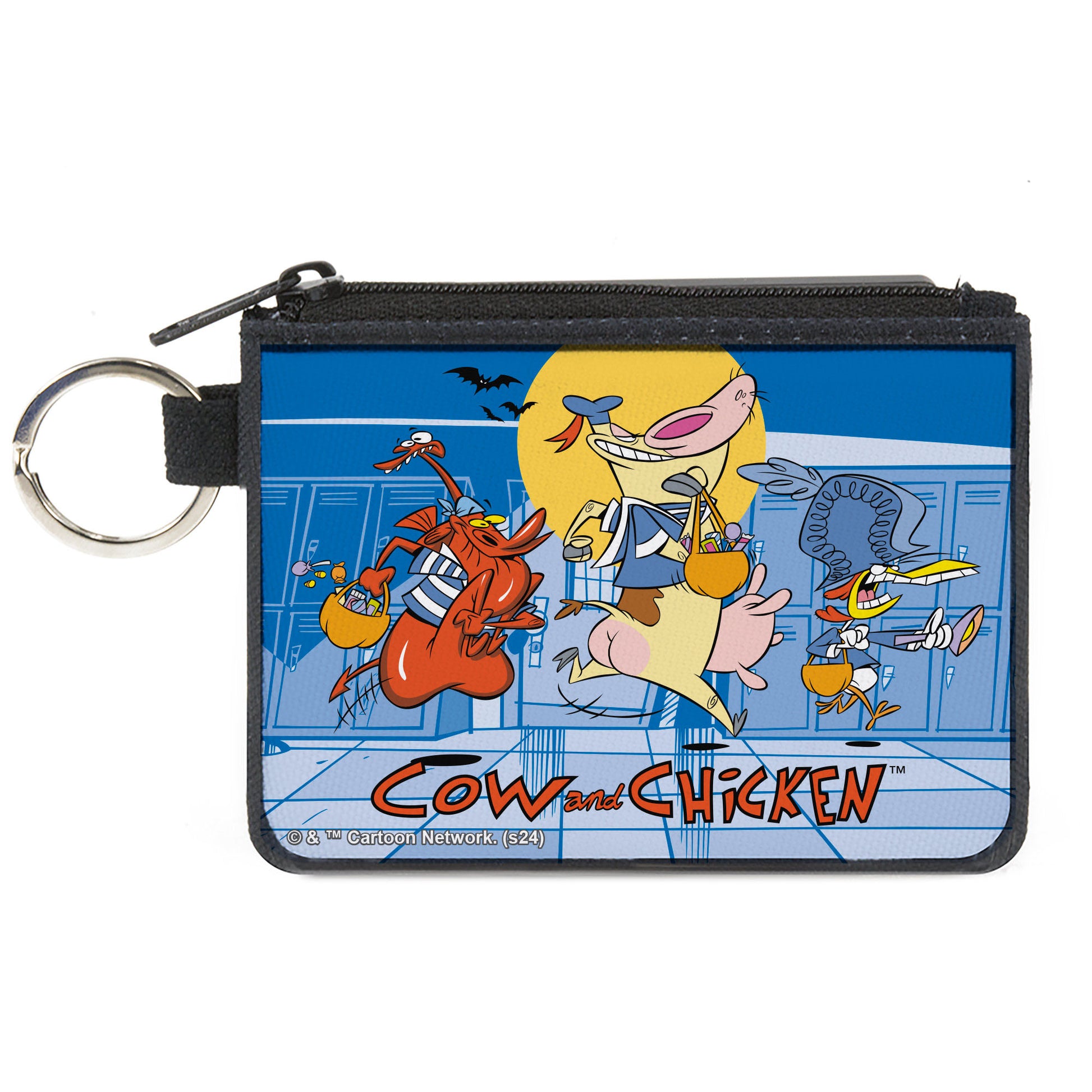 Canvas Zipper Wallet - MINI X-SMALL - COW AND CHICKEN with Red Guy Running Pose and Title Logo Blues Canvas Zipper Wallets Cow and Chicken