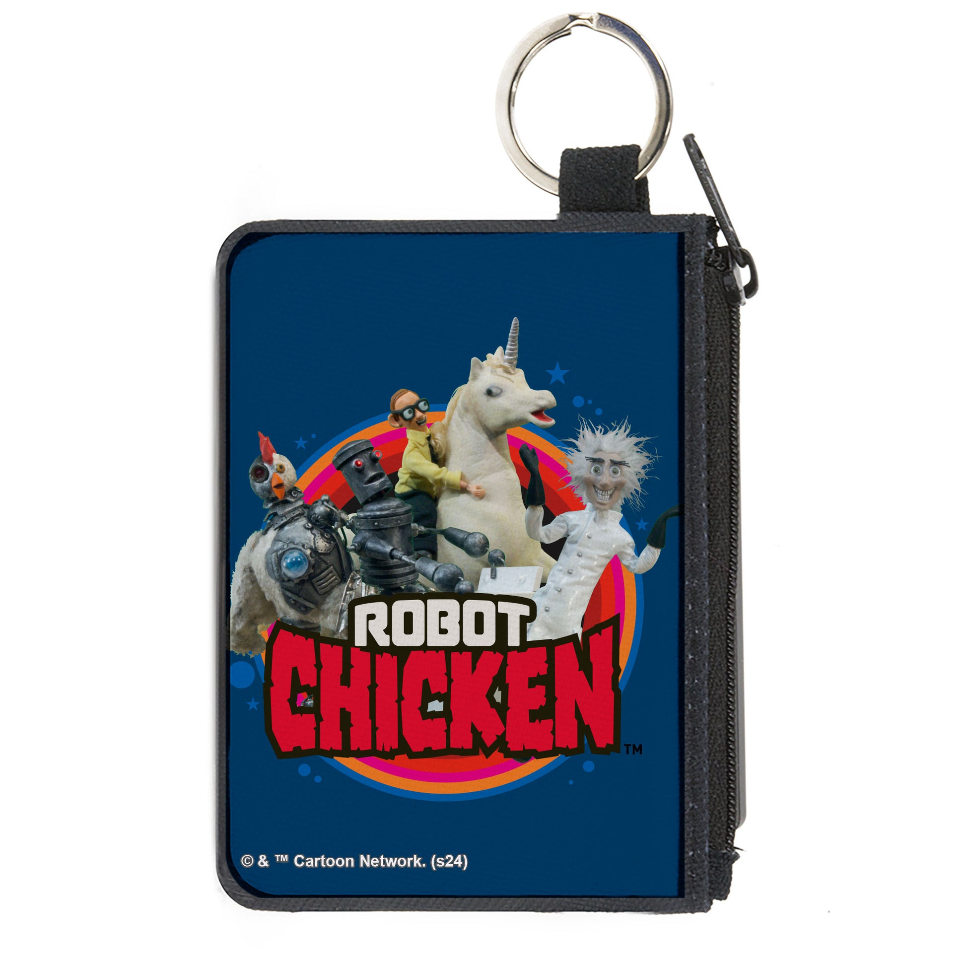 Canvas Zipper Wallet - MINI X-SMALL - ROBOT CHICKEN Title Logo and Group Pose Blue Canvas Zipper Wallets Robot Chicken