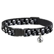Cat Collar Breakaway - 3-D Skulls Repeat Black Grays White Breakaway Cat Collars Buckle-Down