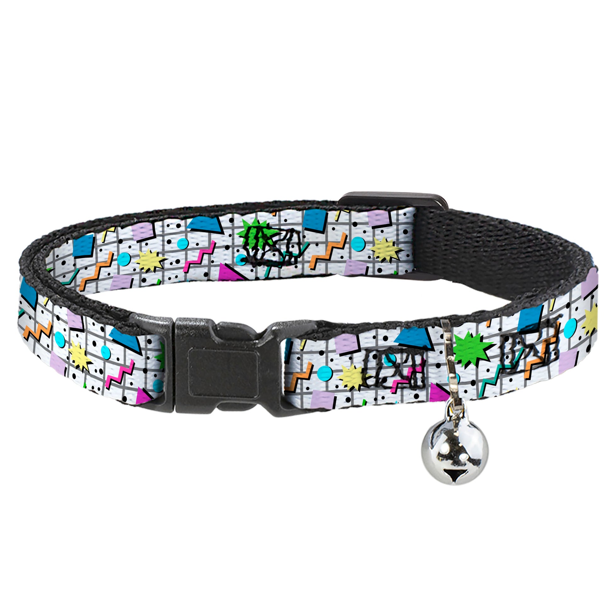 Cat Collar Breakaway with Bell - 90s Nineties Grid Pattern Vibrant Gray Multi Color Breakaway Cat Collars Buckle-Down