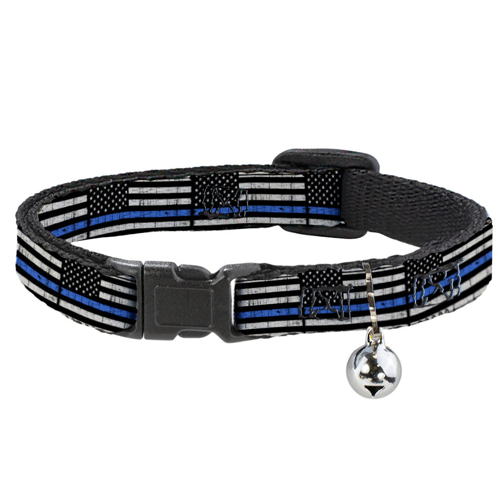 Breakaway Cat Collar with Bell - Thin Blue Line Flag Weathered Black/Gray/Blue Breakaway Cat Collars Buckle-Down