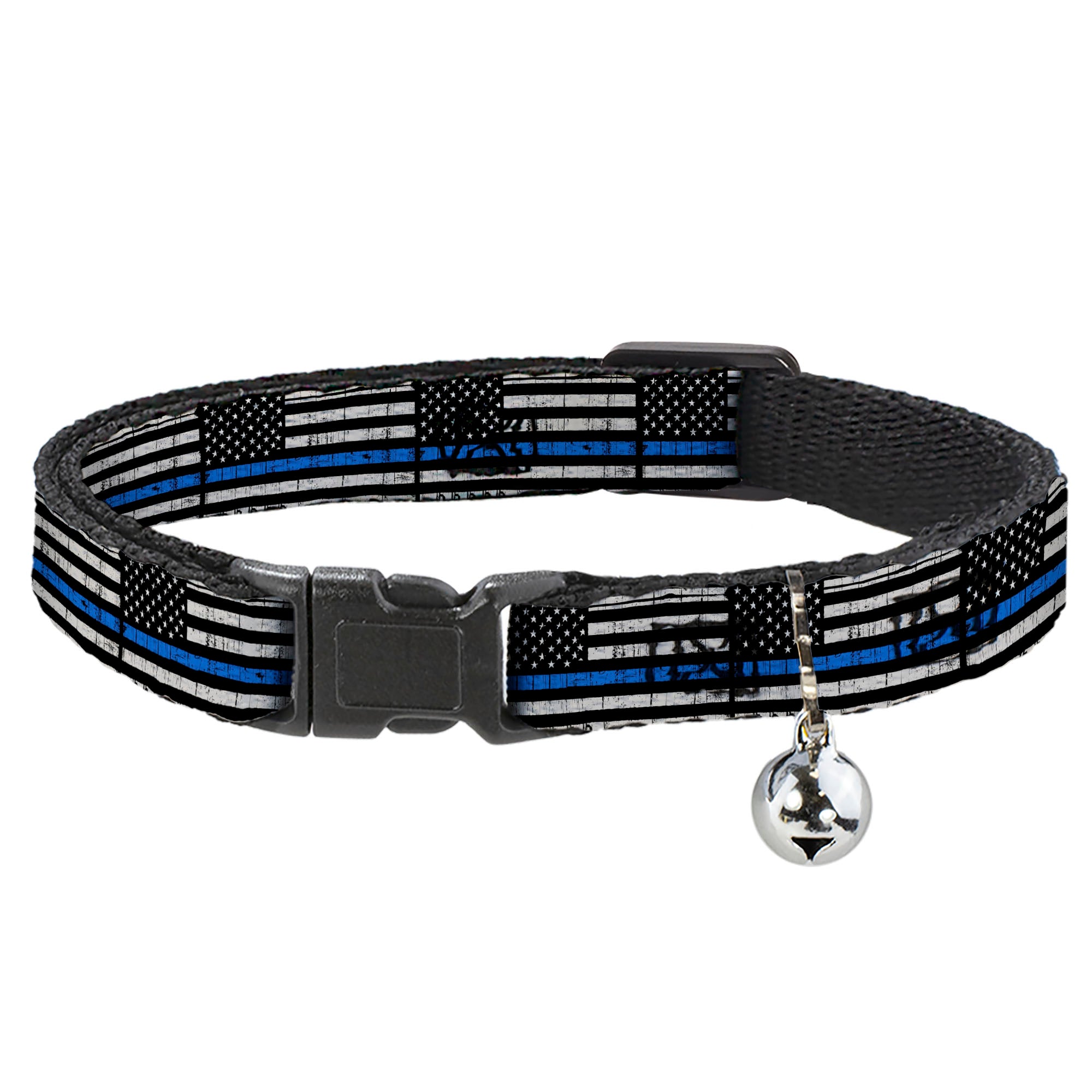 Breakaway Cat Collar with Bell - Thin Blue Line Flag Weathered Black/Gray/Blue Breakaway Cat Collars Buckle-Down