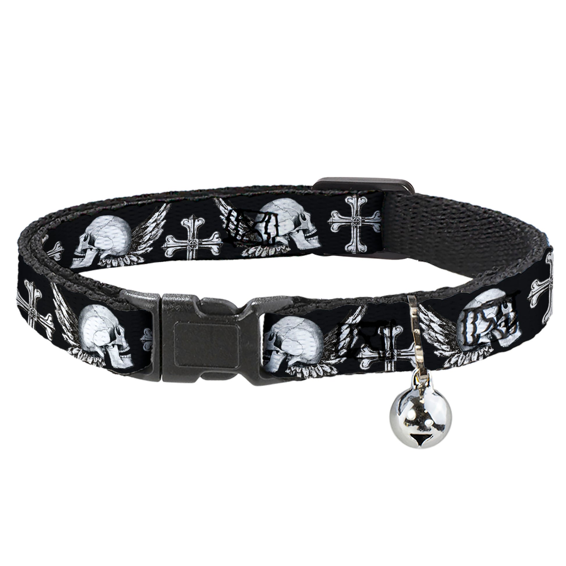 Cat Collar Breakaway - BD Skulls w Wings Black White Breakaway Cat Collars Buckle-Down