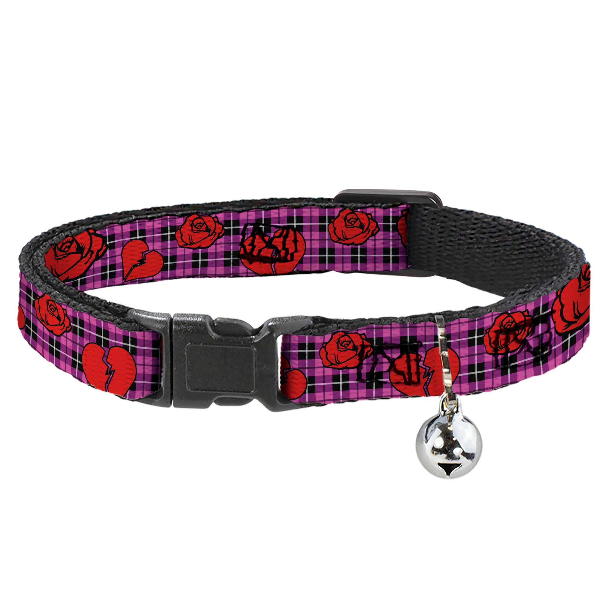 Cat Collar Breakaway - Broken Hearts & Roses w Fuchsia Plaid Breakaway Cat Collars Buckle-Down