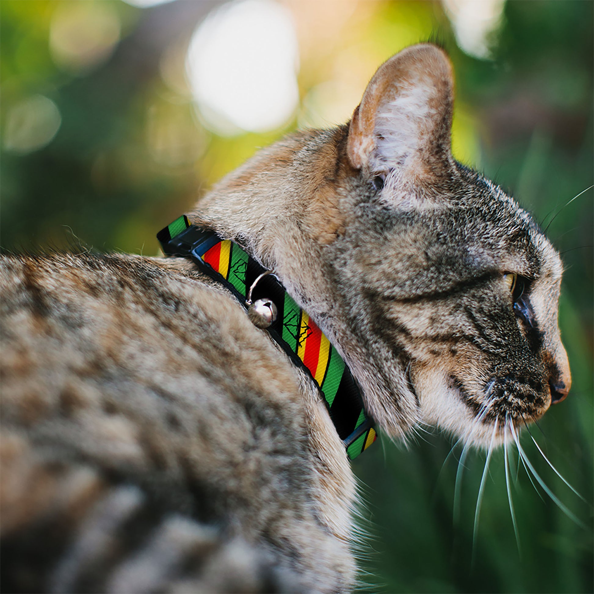 Cat Collar Breakaway - Diagonal Stripes Black Green Yellow Red Breakaway Cat Collars Buckle-Down