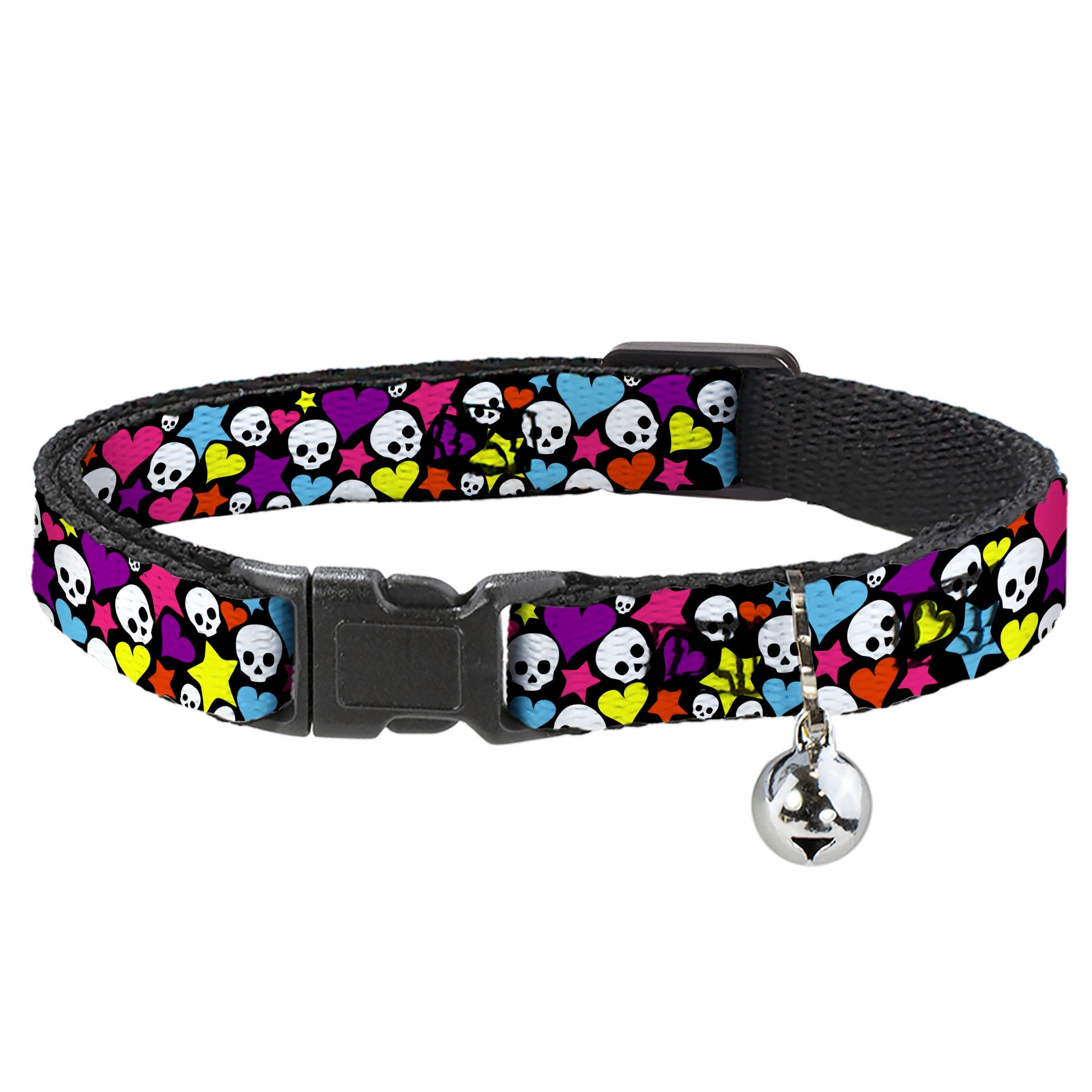 Cat Collar Breakaway - Funky Skulls Hearts & Stars Black Multi Color Breakaway Cat Collars Buckle-Down