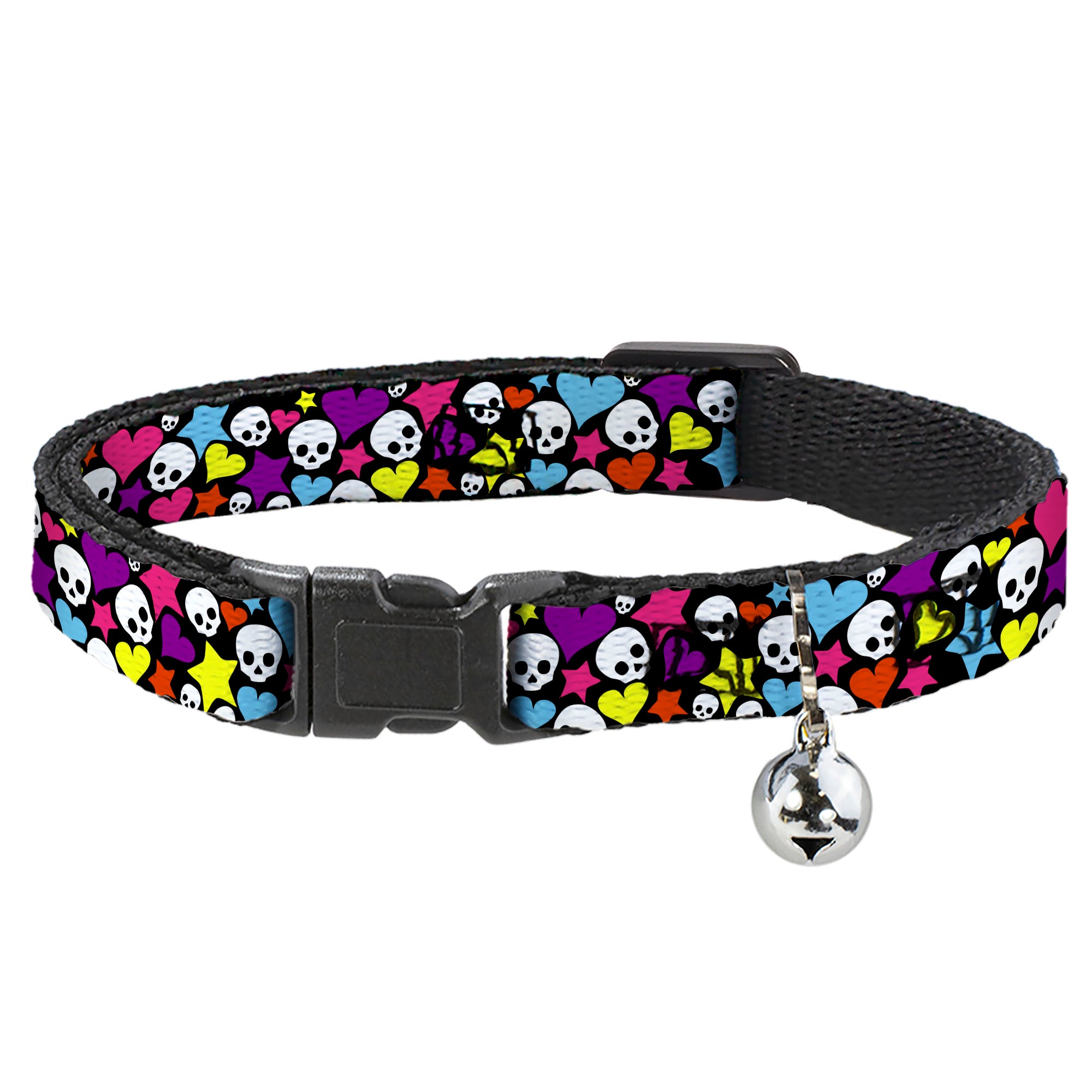 Cat Collar Breakaway - Funky Skulls Hearts & Stars Black Multi Color Breakaway Cat Collars Buckle-Down