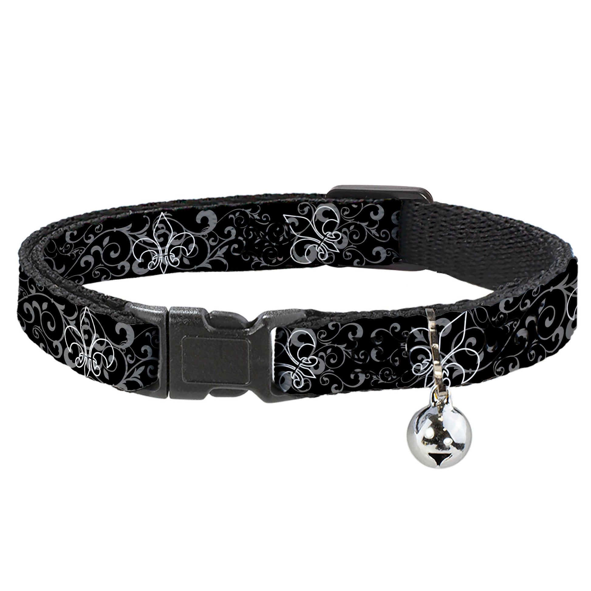 Cat Collar Breakaway - Fleur-de-Lis Outline w Filigree Black Gray Breakaway Cat Collars Buckle-Down