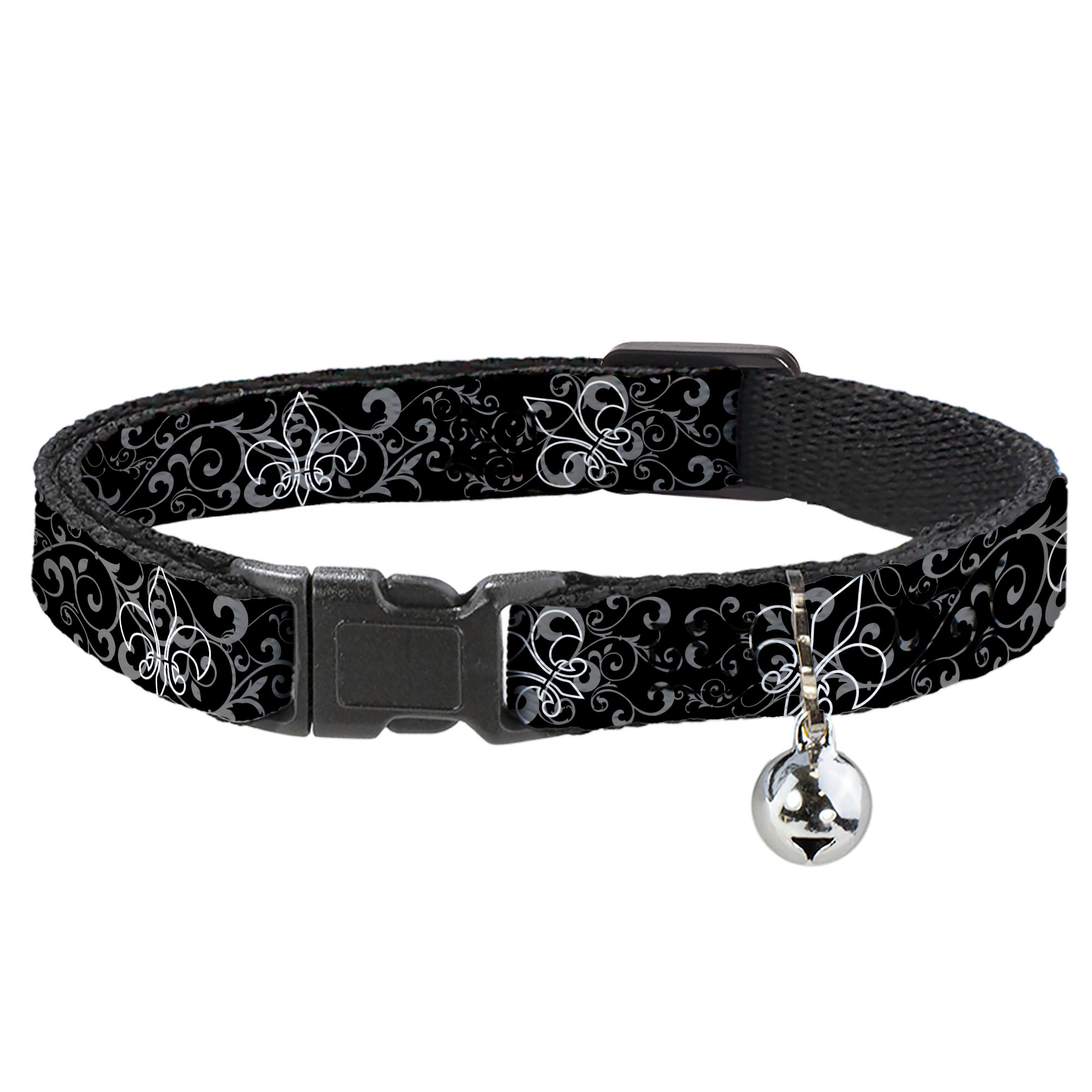 Cat Collar Breakaway - Fleur-de-Lis Outline w Filigree Black Gray Breakaway Cat Collars Buckle-Down