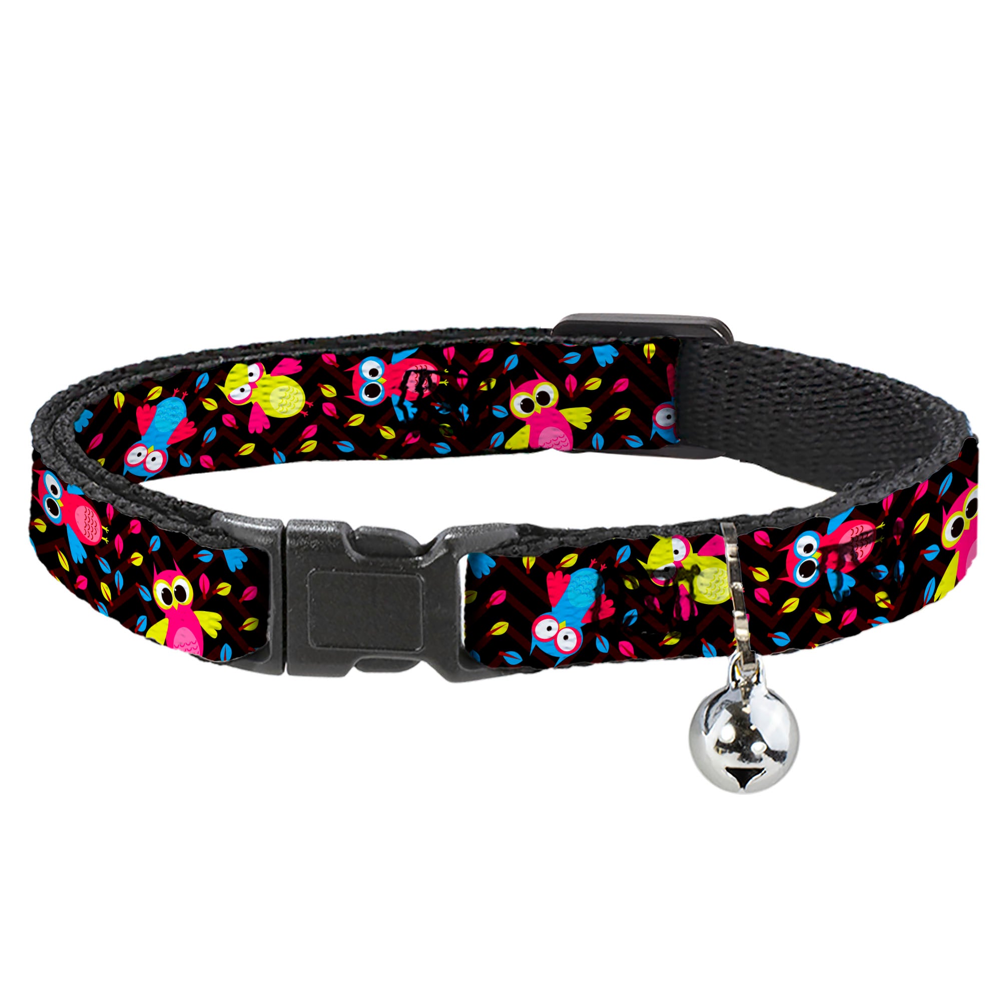 Cat Collar Breakaway - Flying Owls w Leaves Black Multi Color Breakaway Cat Collars Buckle-Down