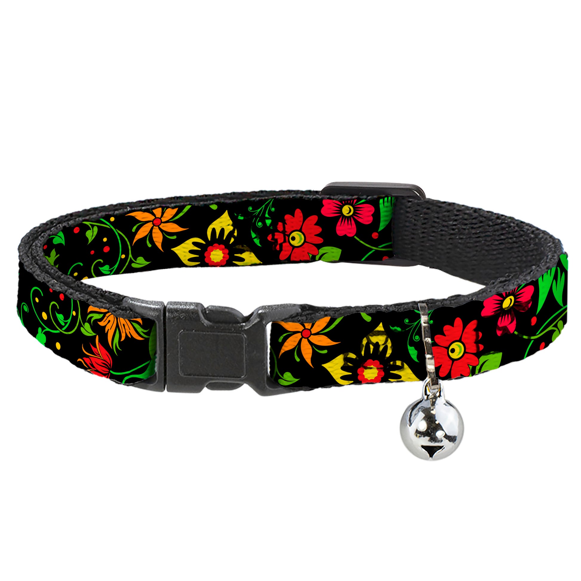 Cat Collar Breakaway - Floral Collage2 Black Red Orange Green Breakaway Cat Collars Buckle-Down