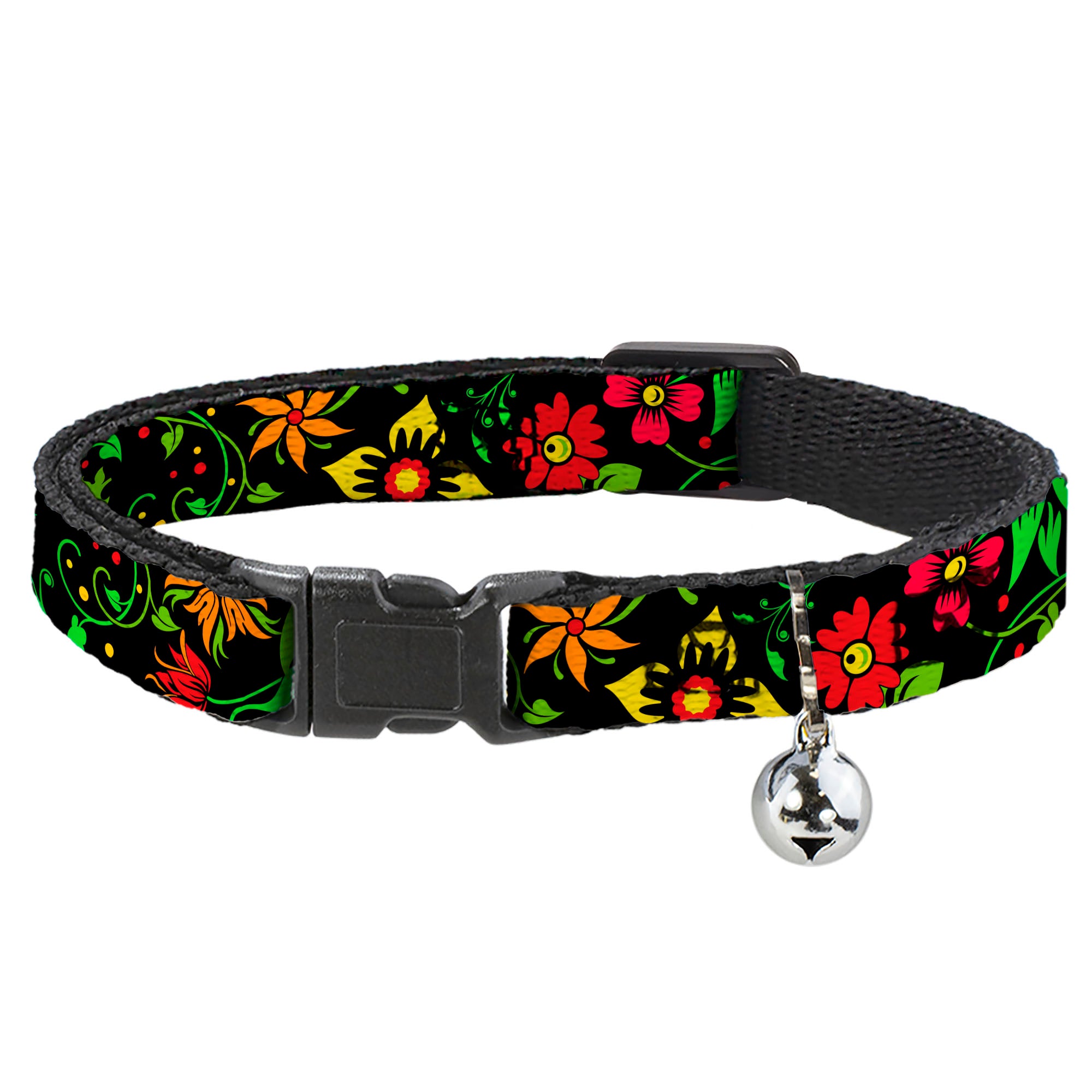 Cat Collar Breakaway - Floral Collage2 Black Red Orange Green Breakaway Cat Collars Buckle-Down