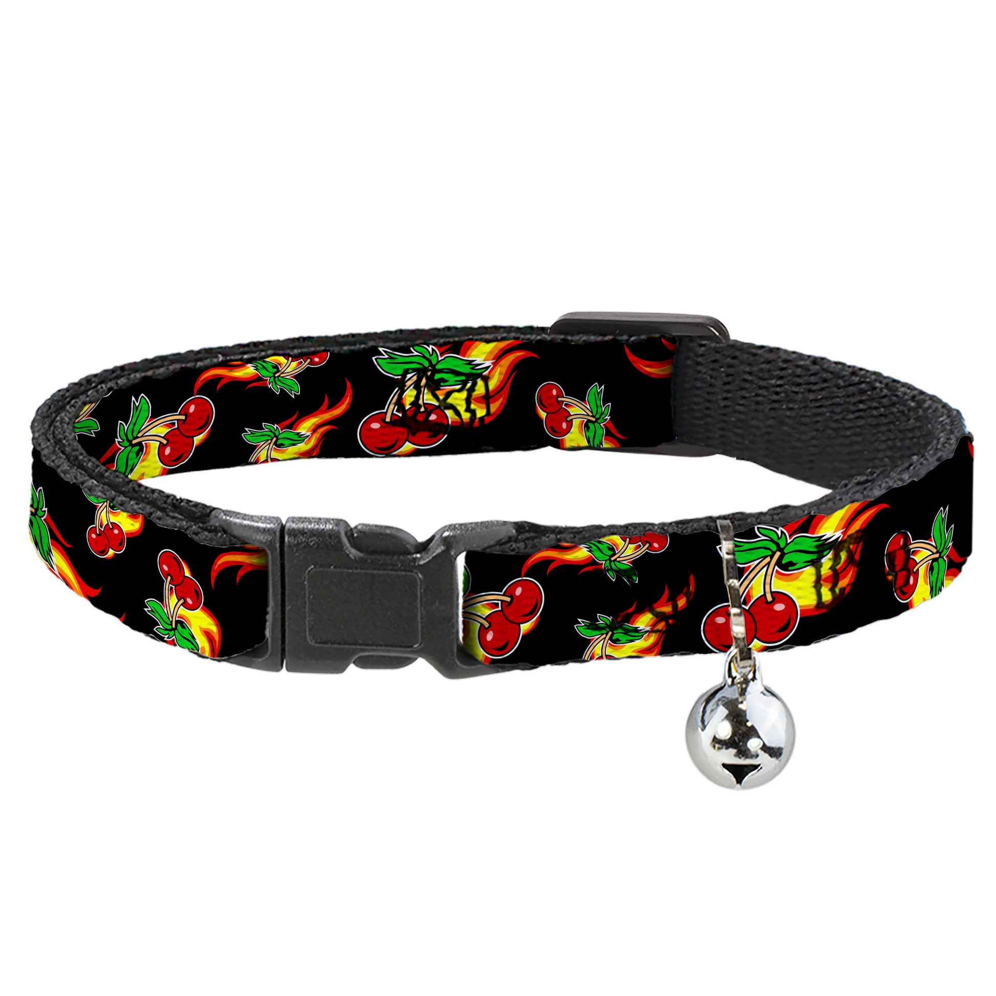 Cat Collar Breakaway - Flaming Cherries Scattered Black Breakaway Cat Collars Buckle-Down