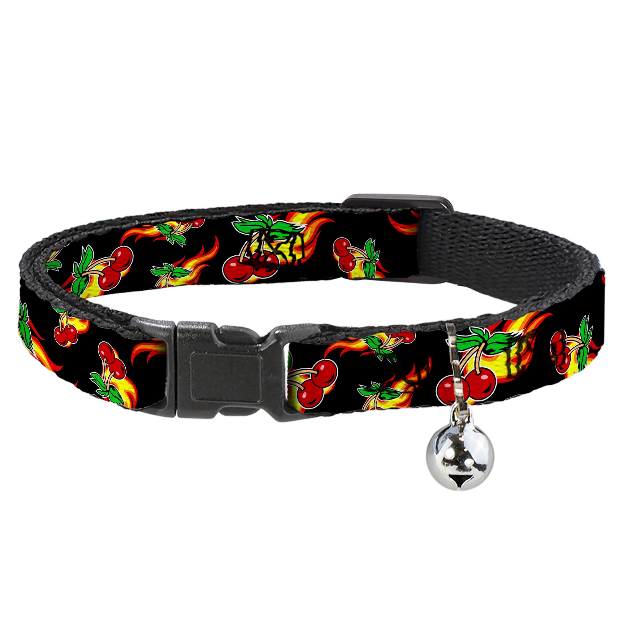 Cat Collar Breakaway - Flaming Cherries Scattered Black Breakaway Cat Collars Buckle-Down