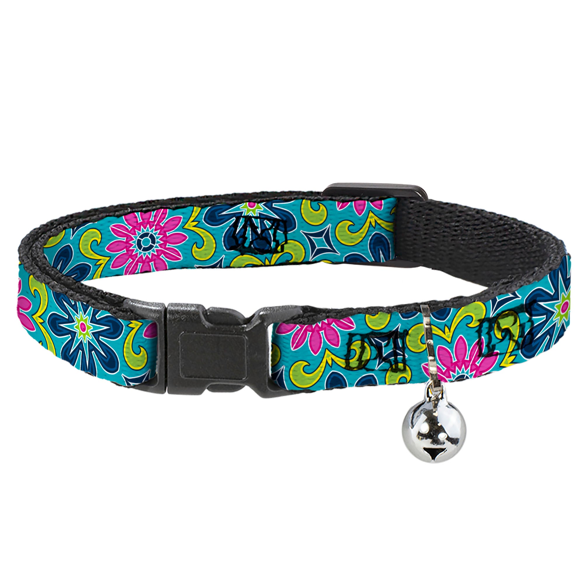 Cat Collar Breakaway - Floral Burst Turquoise Blues Pinks Yellow Green Breakaway Cat Collars Buckle-Down