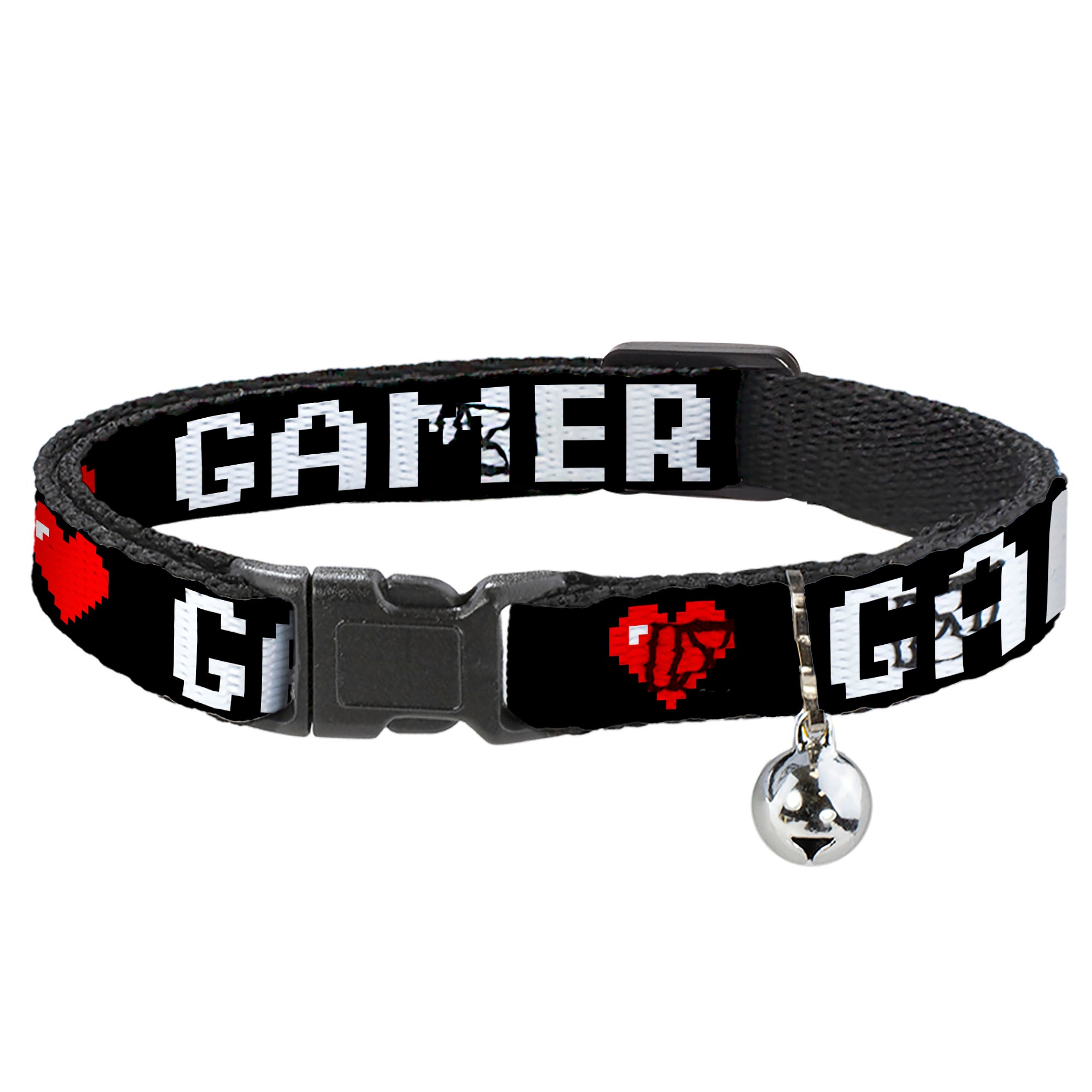 Cat Collar Breakaway - GAMER 2 Heart 8-Bit Black White Red Breakaway Cat Collars Buckle-Down
