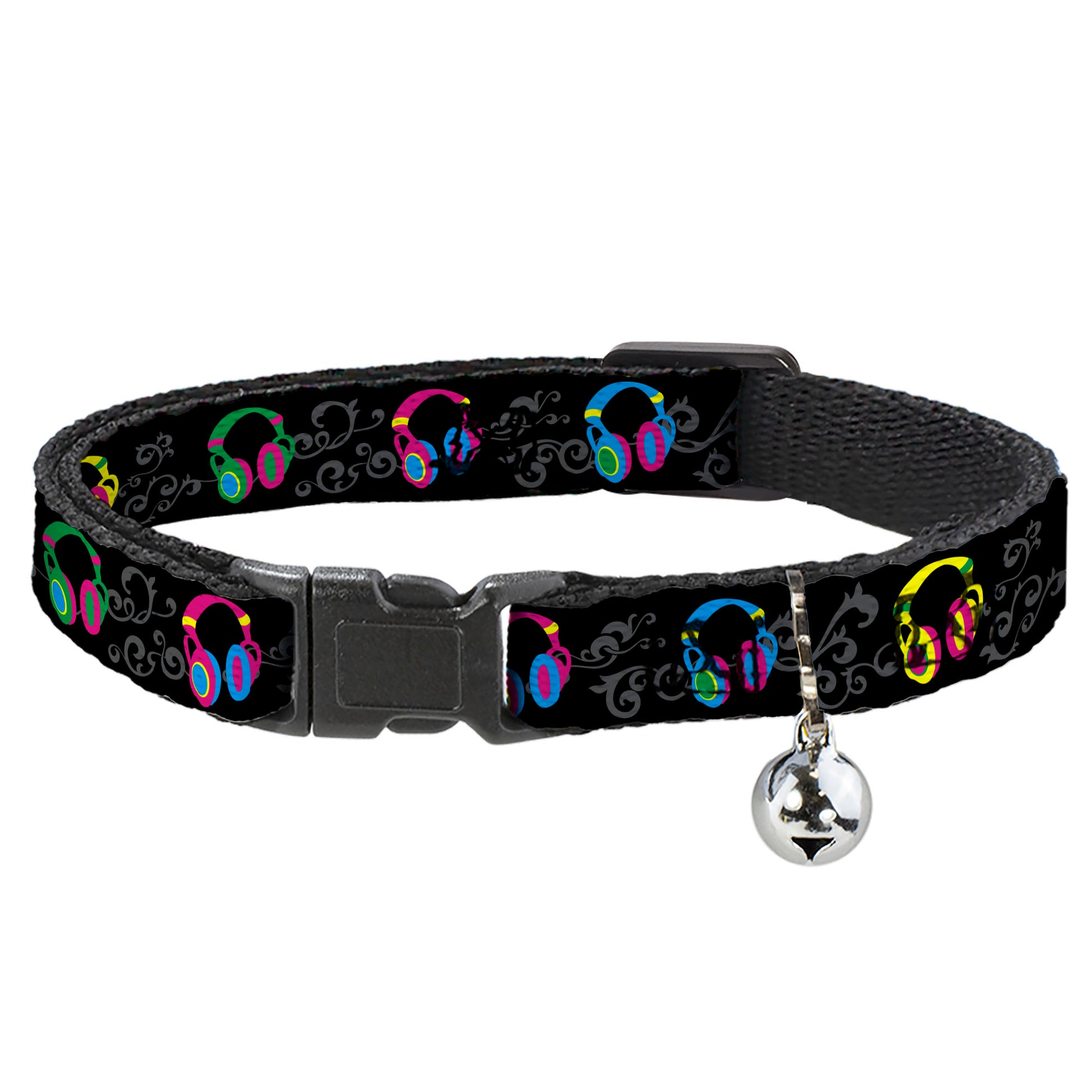 Cat Collar Breakaway - Headphones Curls Black Gray Neon Breakaway Cat Collars Buckle-Down