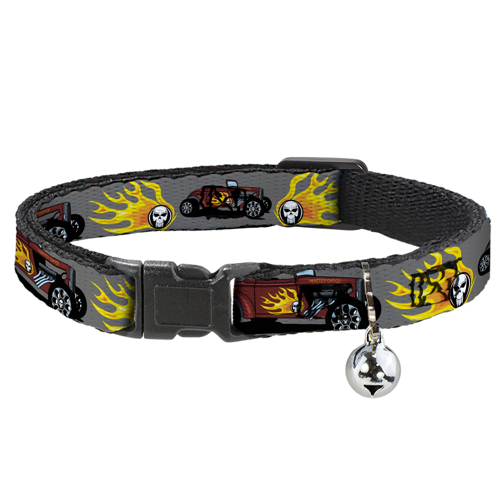 Cat Collar Breakaway - Hot Rod w Flame Skull Breakaway Cat Collars Buckle-Down