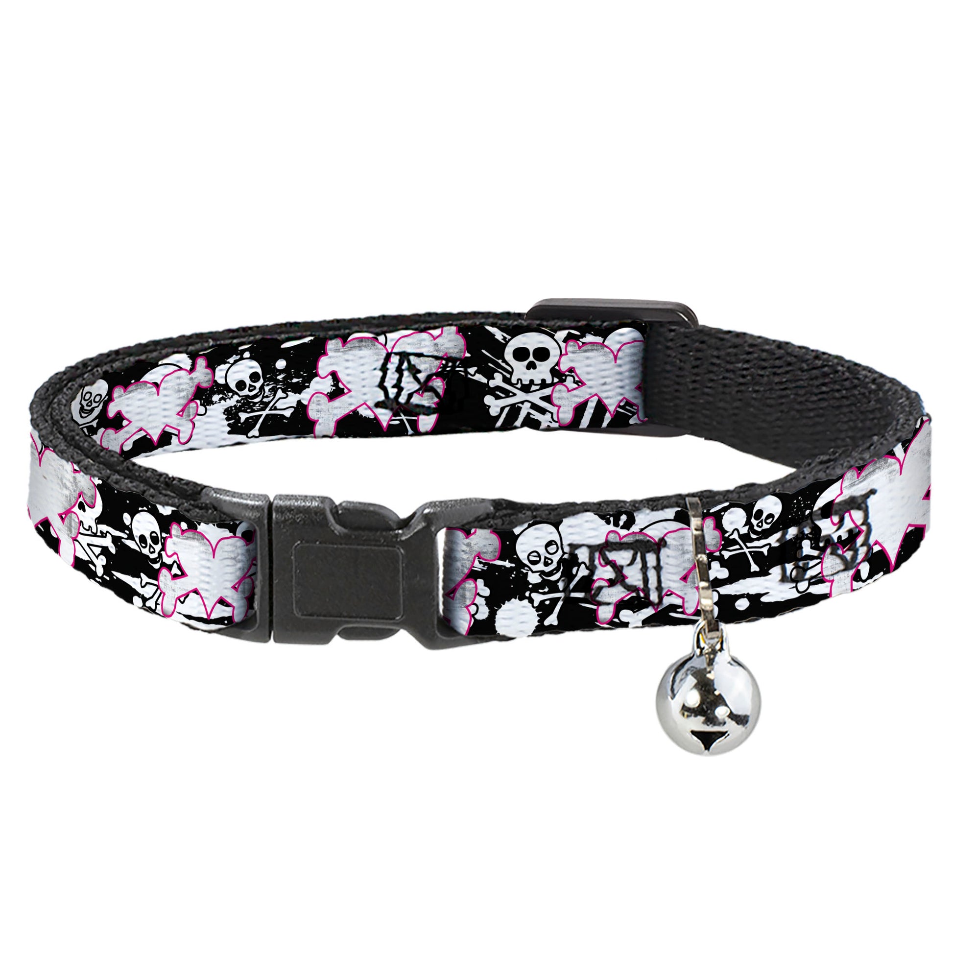 Cat Collar Breakaway - Heart & Cross Bones w Skulls & Splatter Black White Breakaway Cat Collars Buckle-Down