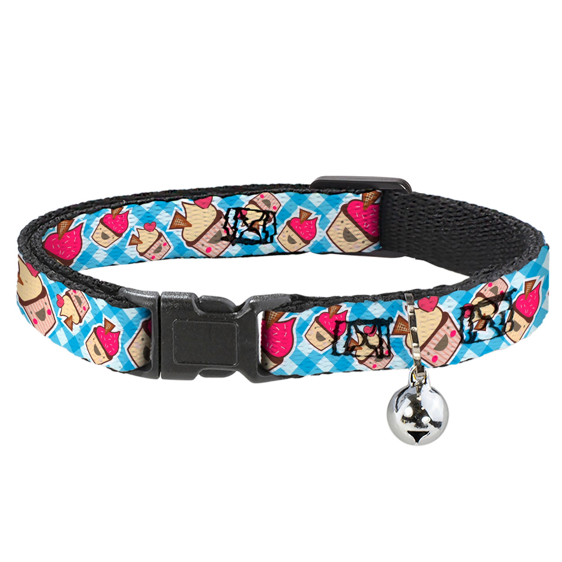 Cat Collar Breakaway - Happy Cupcakes Buffalo Plaid White Blue Breakaway Cat Collars Buckle-Down