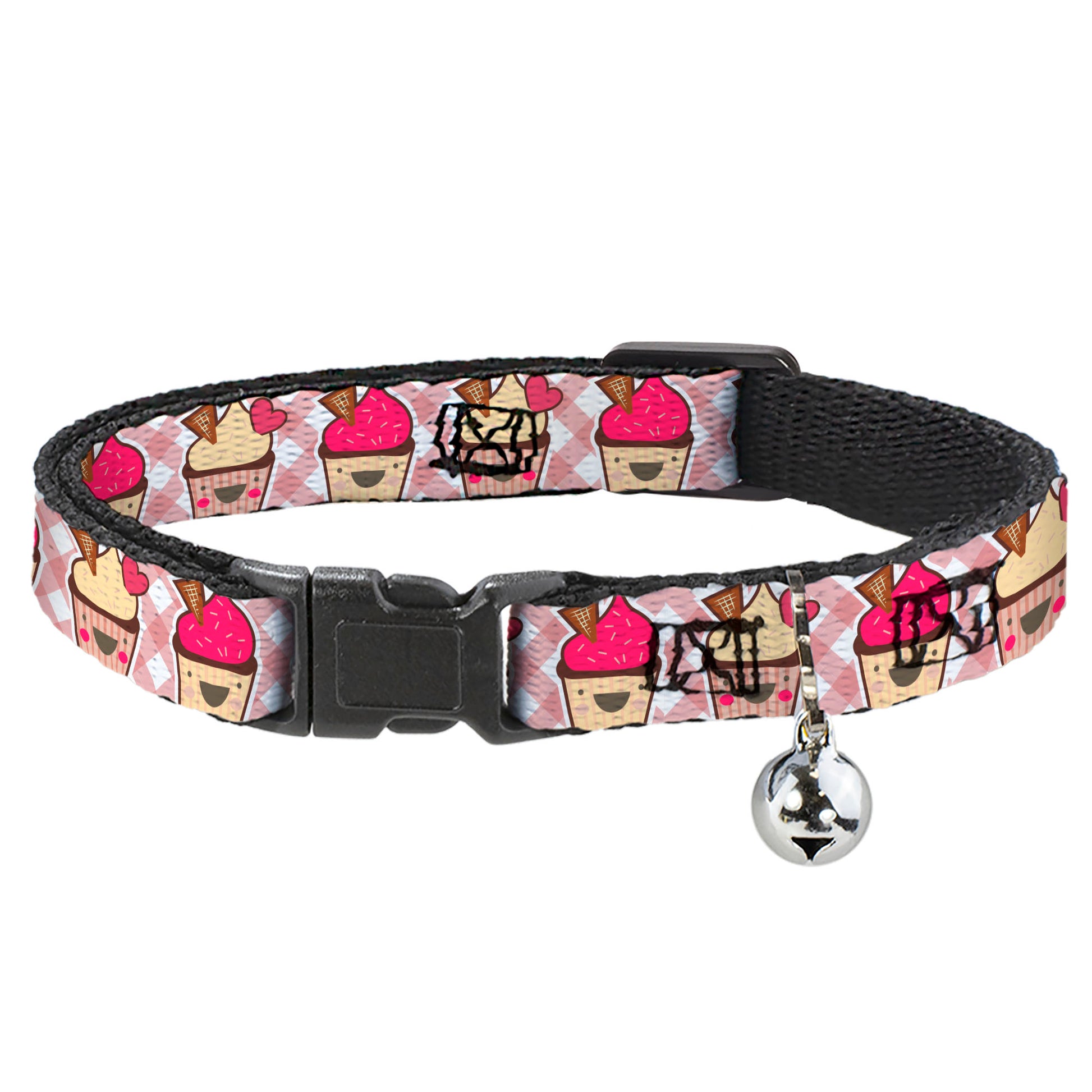 Cat Collar Breakaway - Happy Cupcakes Buffalo Plaid White Pink Breakaway Cat Collars Buckle-Down