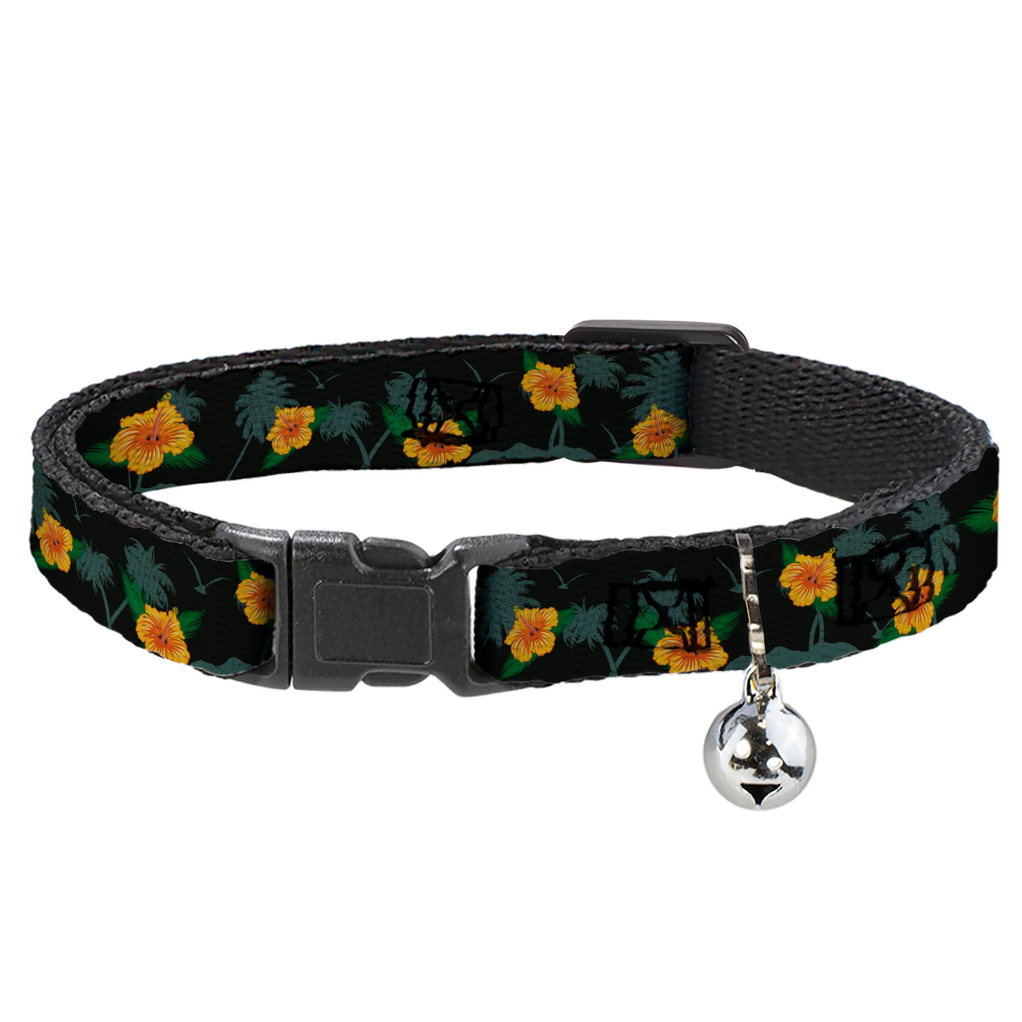 Cat Collar Breakaway - Hibiscus Flowers Palm Trees Black Green Orange Breakaway Cat Collars Buckle-Down