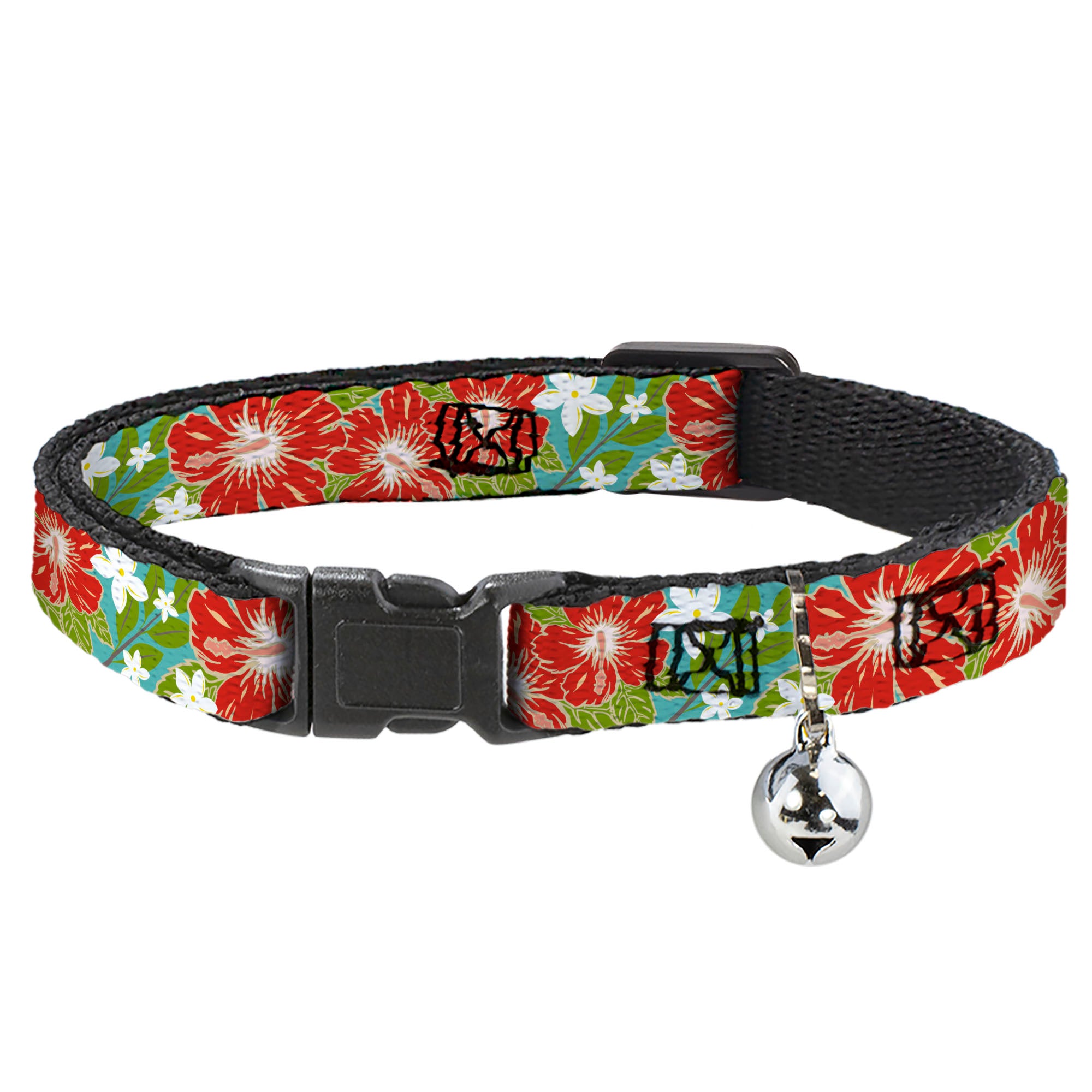 Cat Collar Breakaway - Hibiscus & Plumerias Turquoise Green Red White Breakaway Cat Collars Buckle-Down