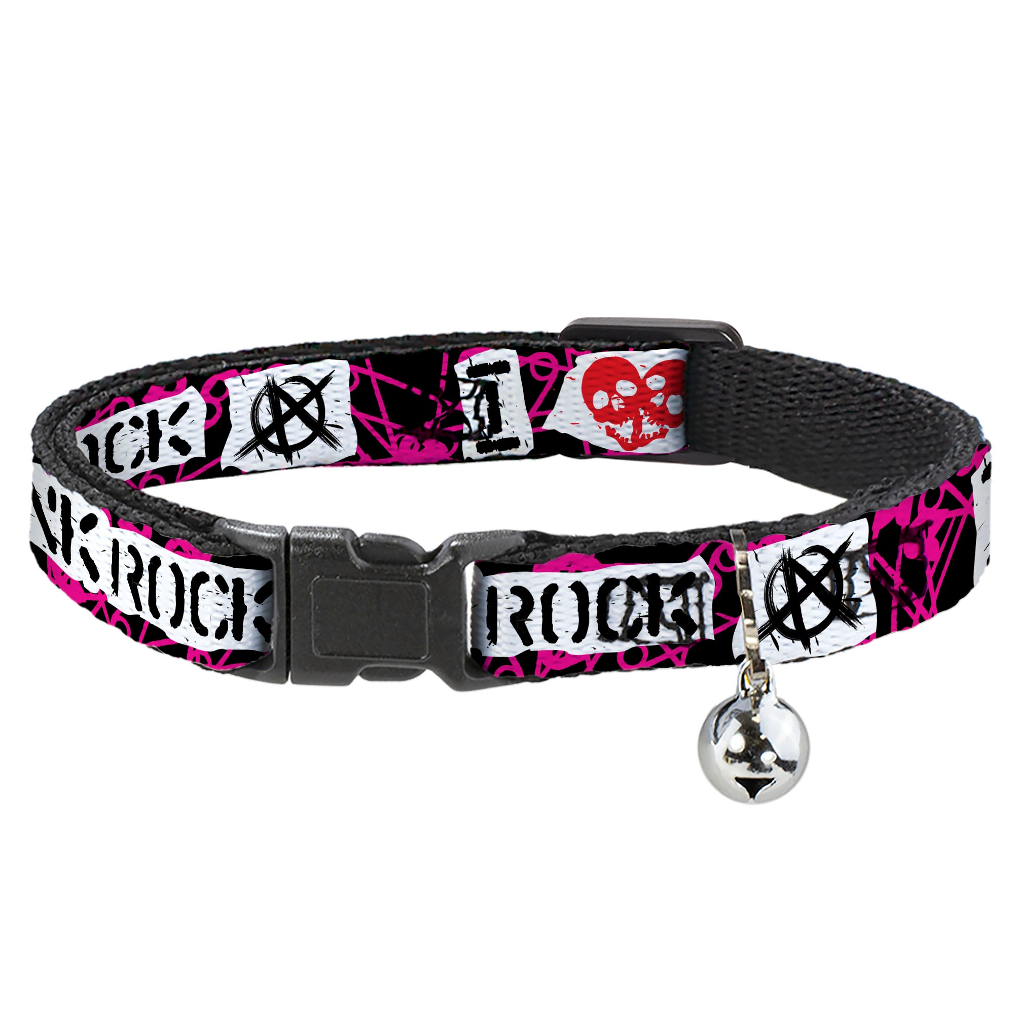 Cat Collar Breakaway - I Heart Punk Rock w Safety Pins Black Fuchsia White Breakaway Cat Collars Buckle-Down