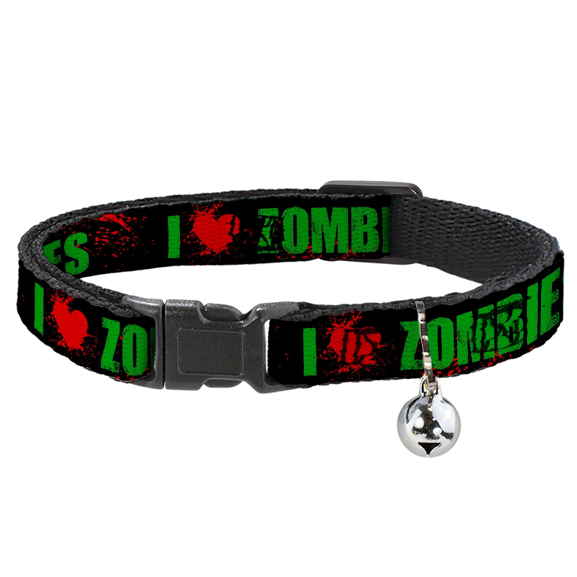 Cat Collar Breakaway - I "HEART" ZOMBIES Black Green Red Splatter Breakaway Cat Collars Buckle-Down