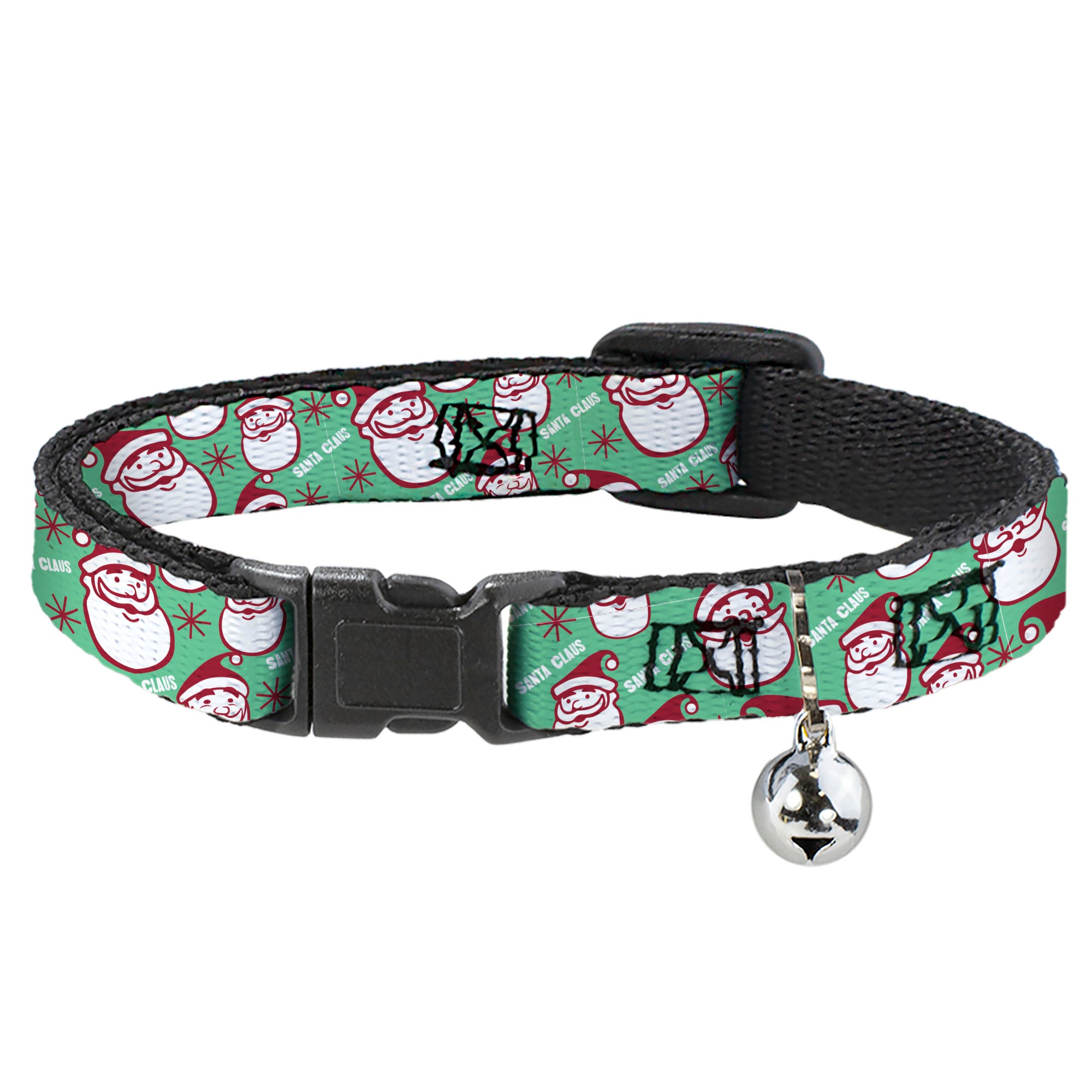 Breakaway Cat Collar with Bell - Jolly SANTA CLAUS Christmas Smiling Face Icon and Text Green/Red/White Breakaway Cat Collars Buckle-Down