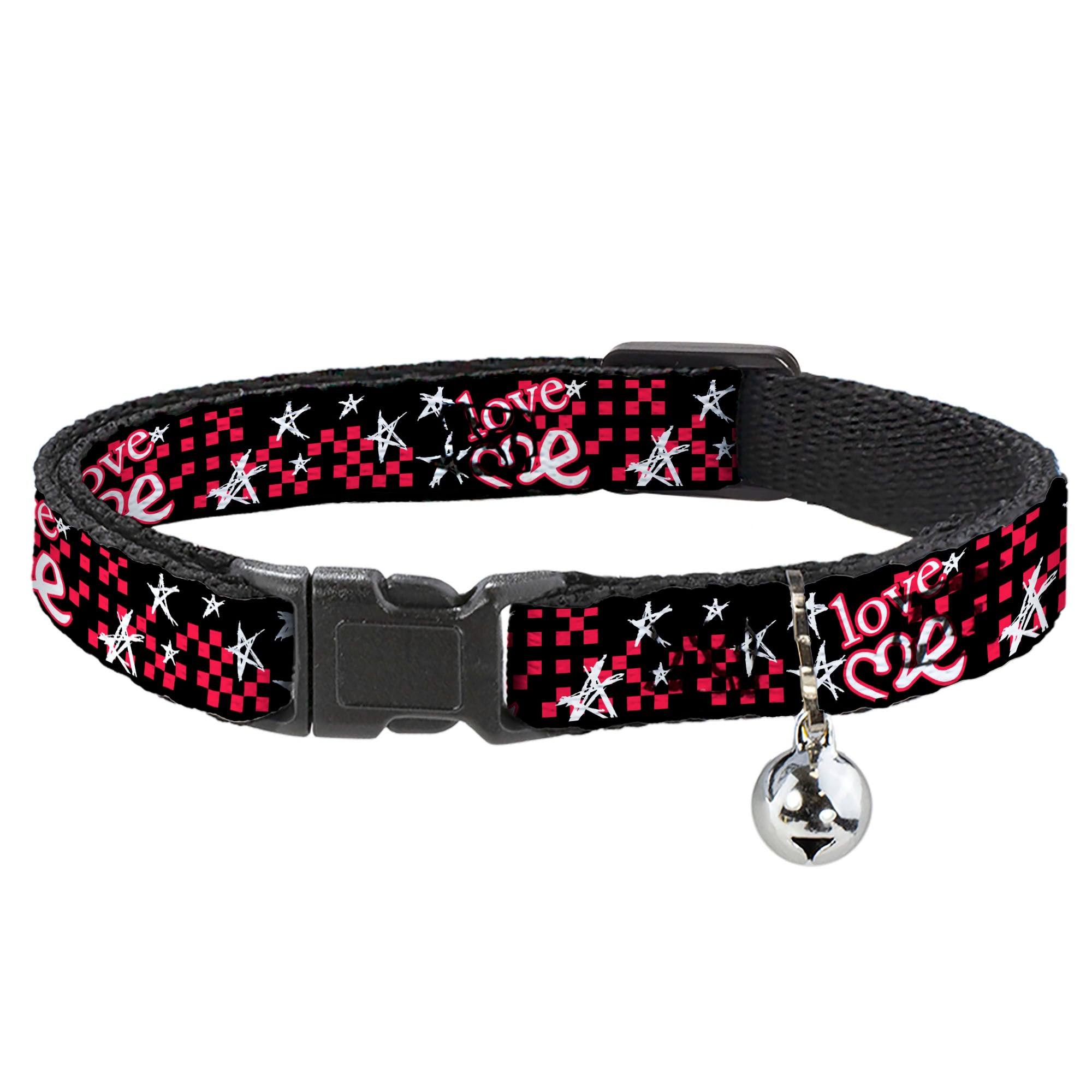 Cat Collar Breakaway - Love Me w Sketch Stars & Checkers Black Fuchsia White Breakaway Cat Collars Buckle-Down