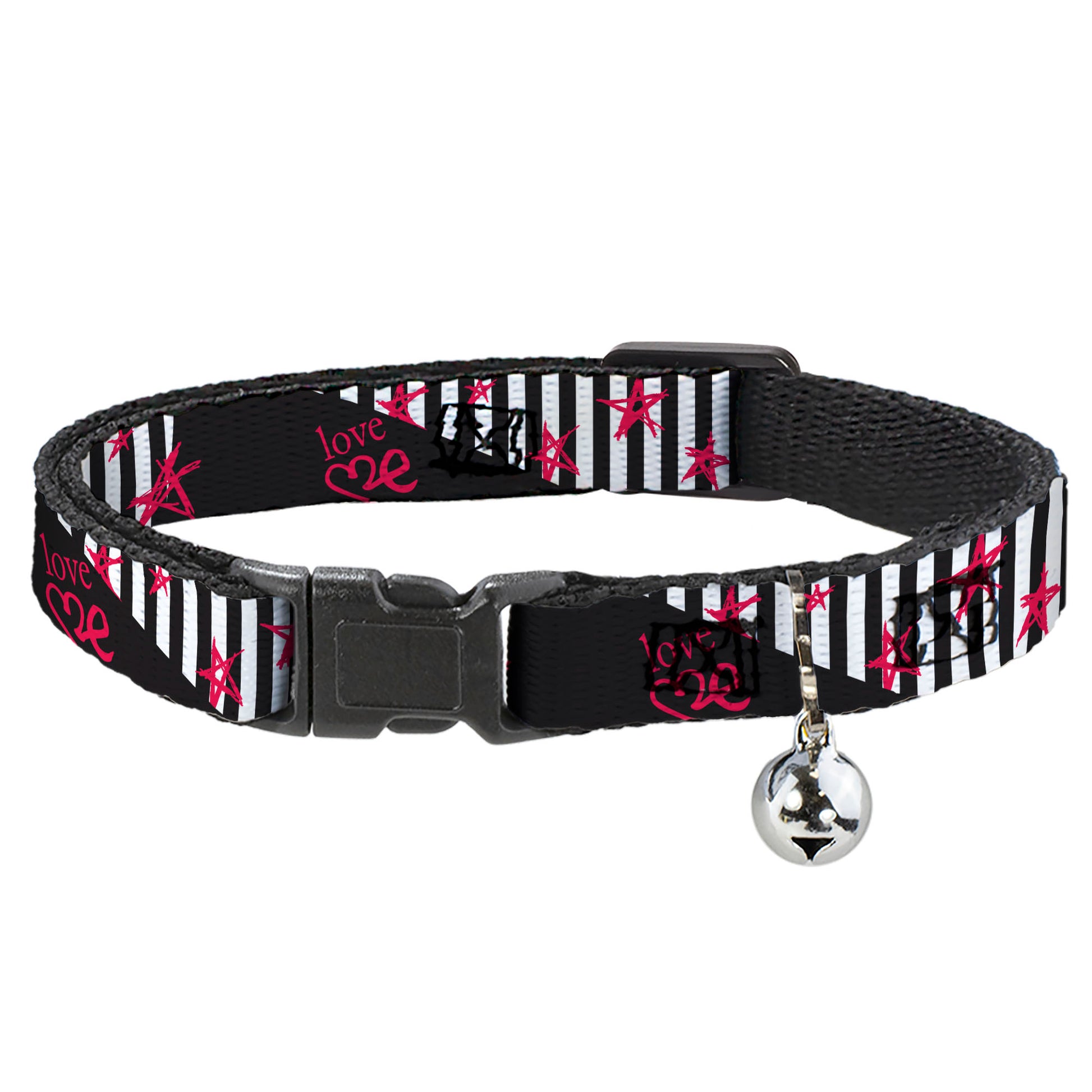 Cat Collar Breakaway with Bell - Love Me w Sketch Stars & Stripes Black White Fuchsia Breakaway Cat Collars Buckle-Down