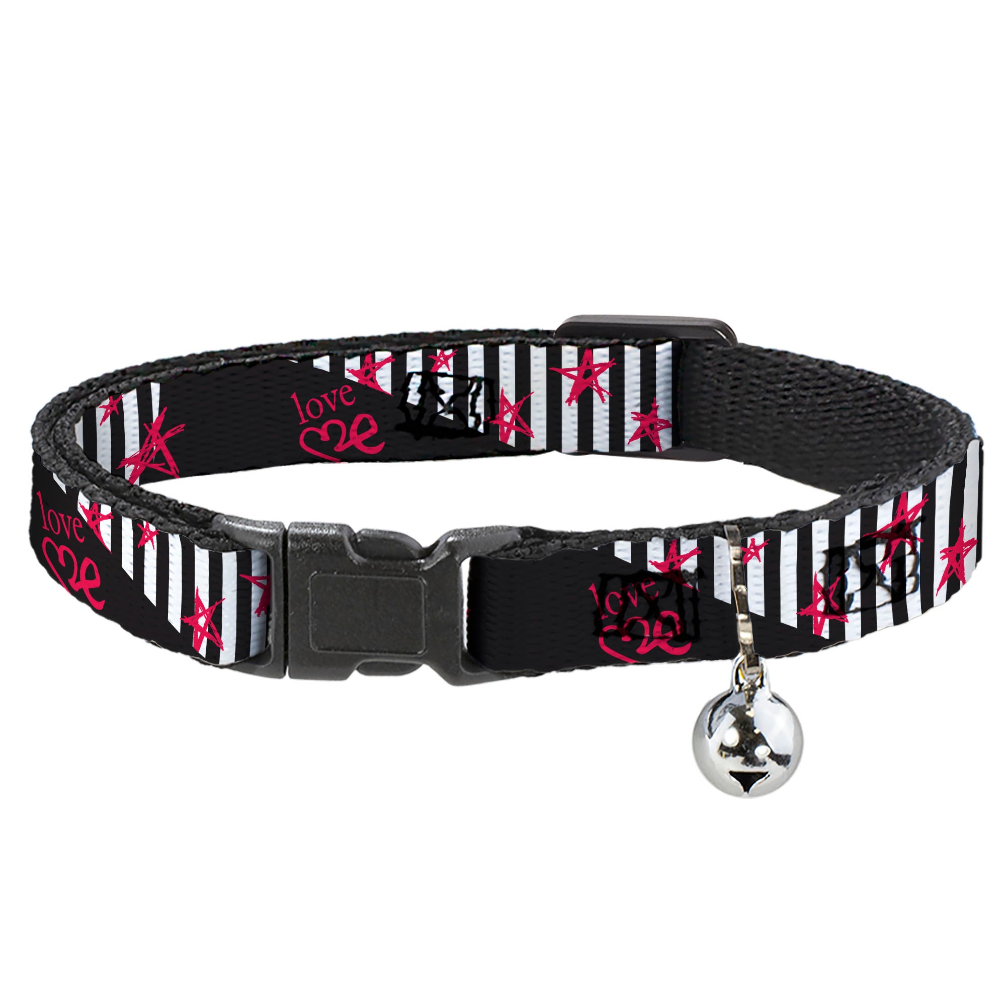 Cat Collar Breakaway with Bell - Love Me w Sketch Stars & Stripes Black White Fuchsia Breakaway Cat Collars Buckle-Down