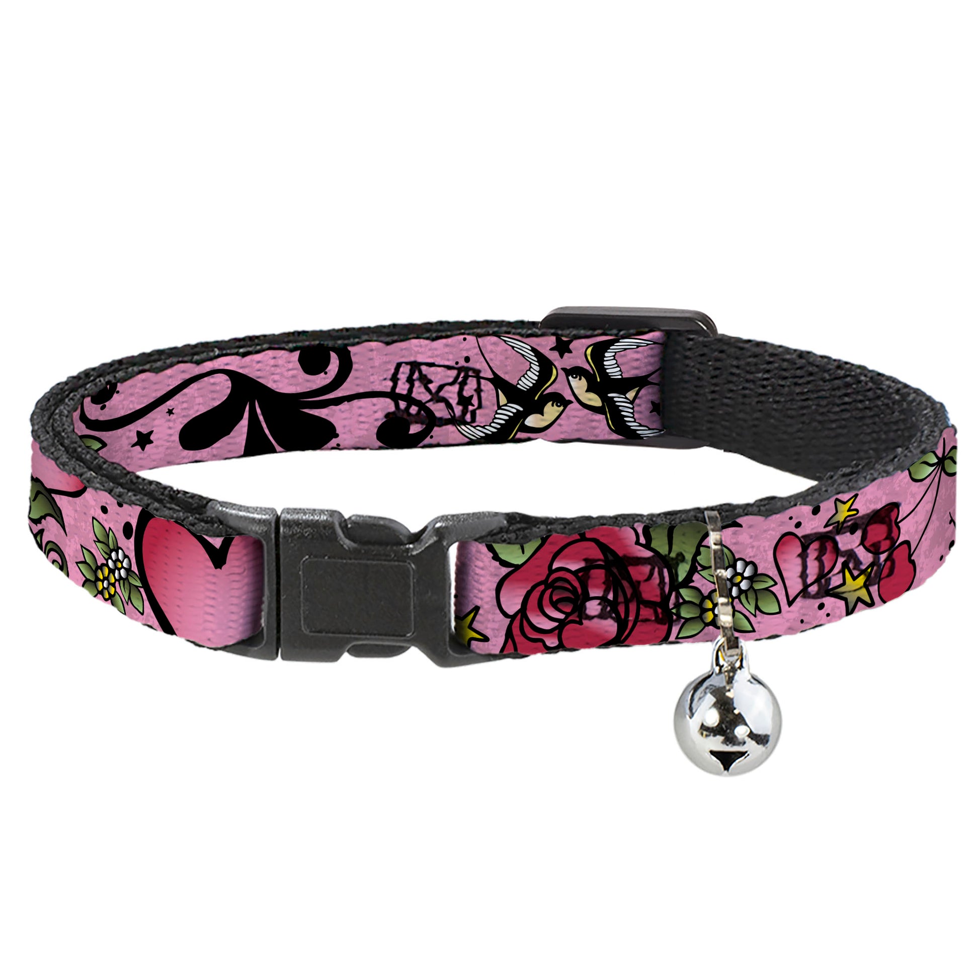 Cat Collar Breakaway - Mom & Dad CLOSE-UP Pink w Sparrows Breakaway Cat Collars Buckle-Down