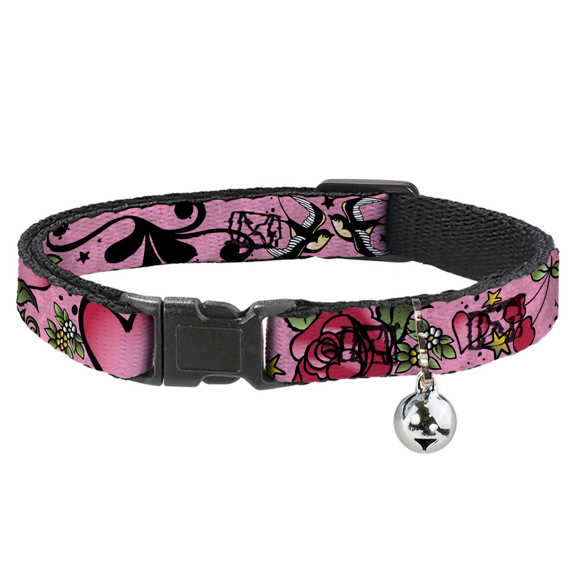Cat Collar Breakaway - Mom & Dad CLOSE-UP Pink w Sparrows Breakaway Cat Collars Buckle-Down