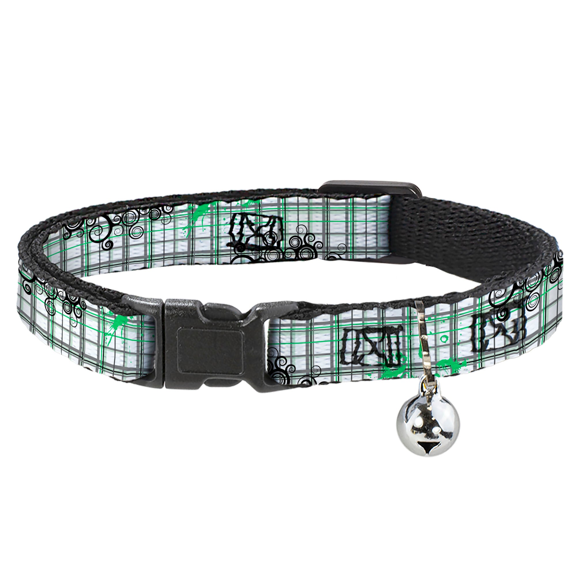 Cat Collar Breakaway - Plaid Curls White Black Gray Green Breakaway Cat Collars Buckle-Down