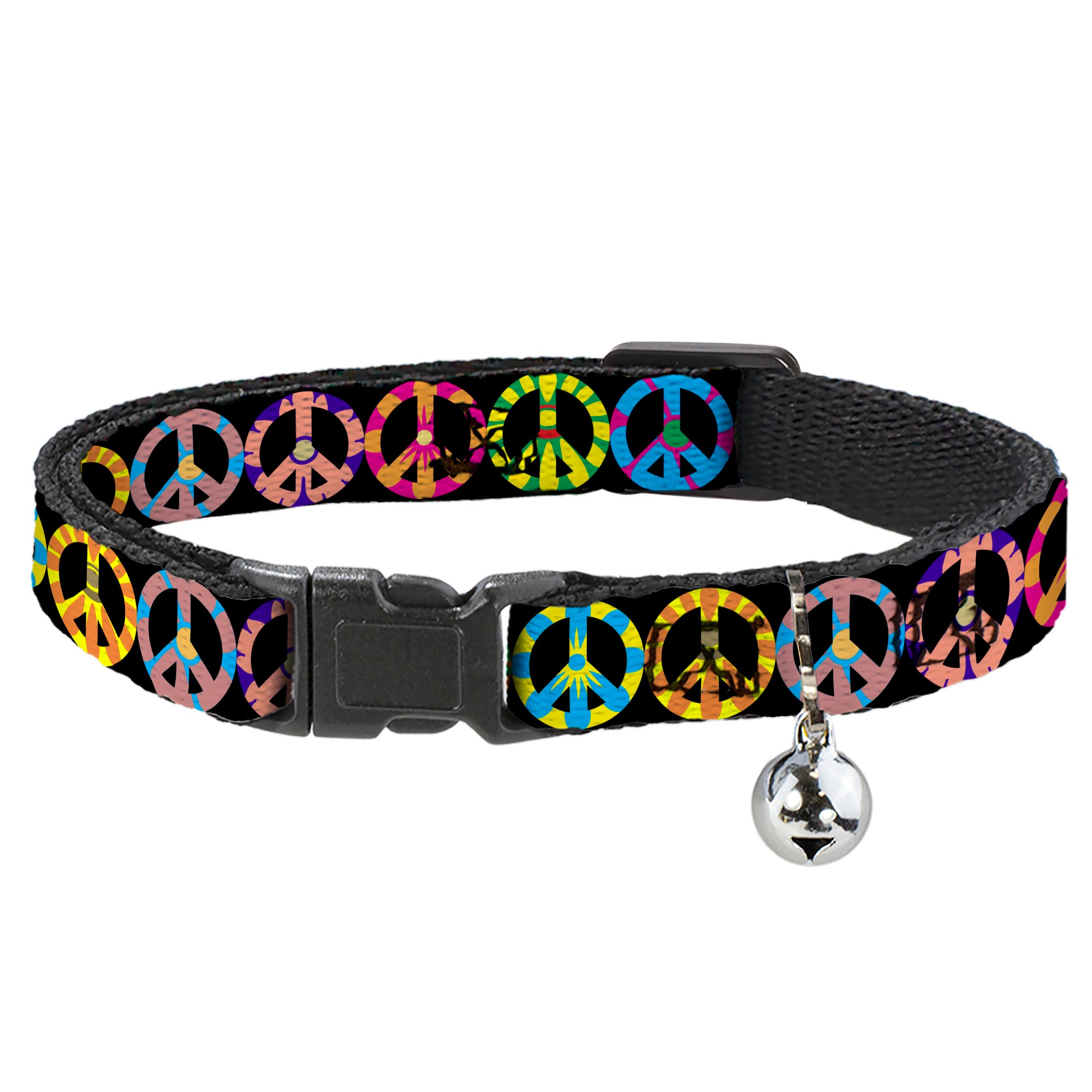 Cat Collar Breakaway - Peace Flowers Black Multi Color Breakaway Cat Collars Buckle-Down
