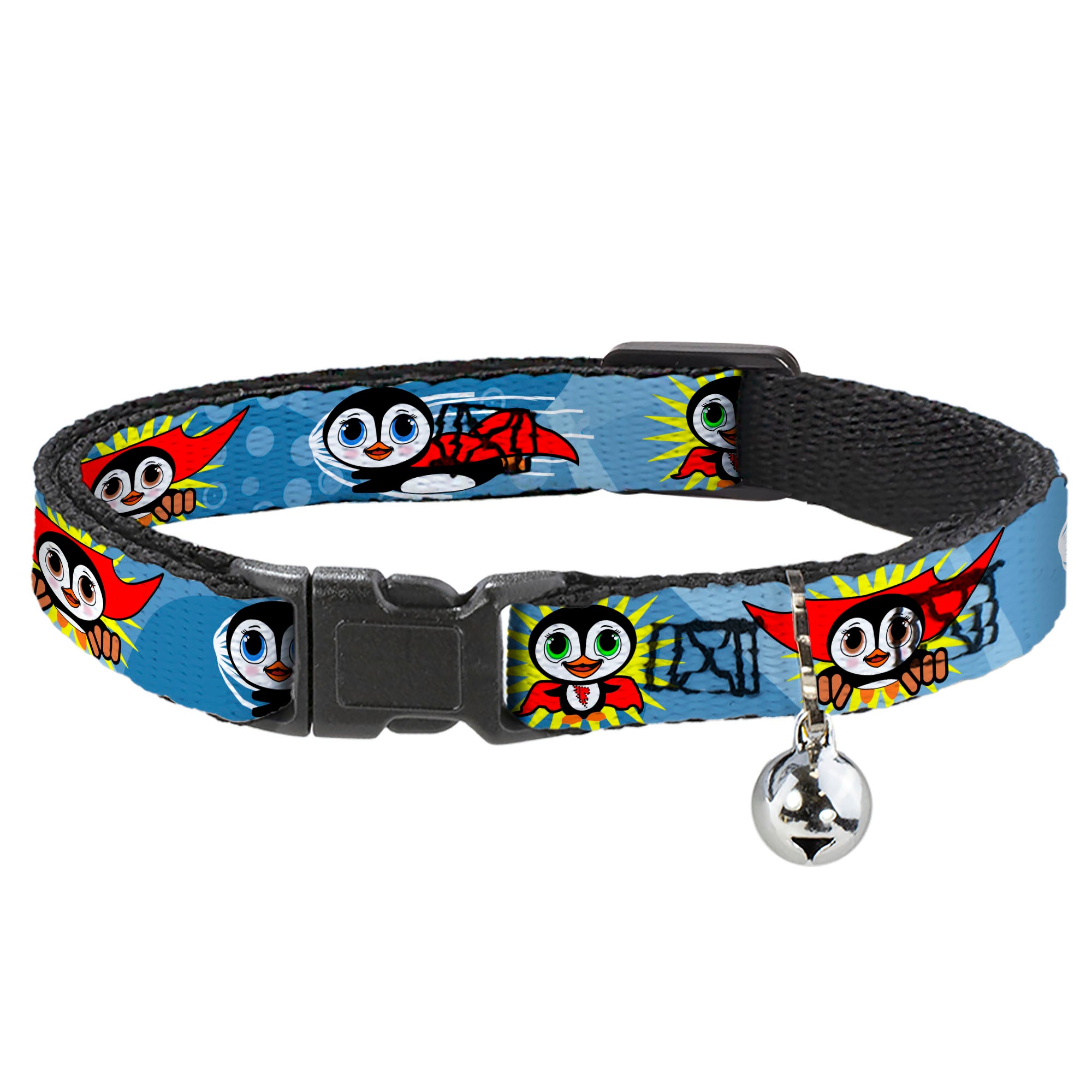 Cat Collar Breakaway - Penguin Superhero Blue Bubbles Breakaway Cat Collars Buckle-Down