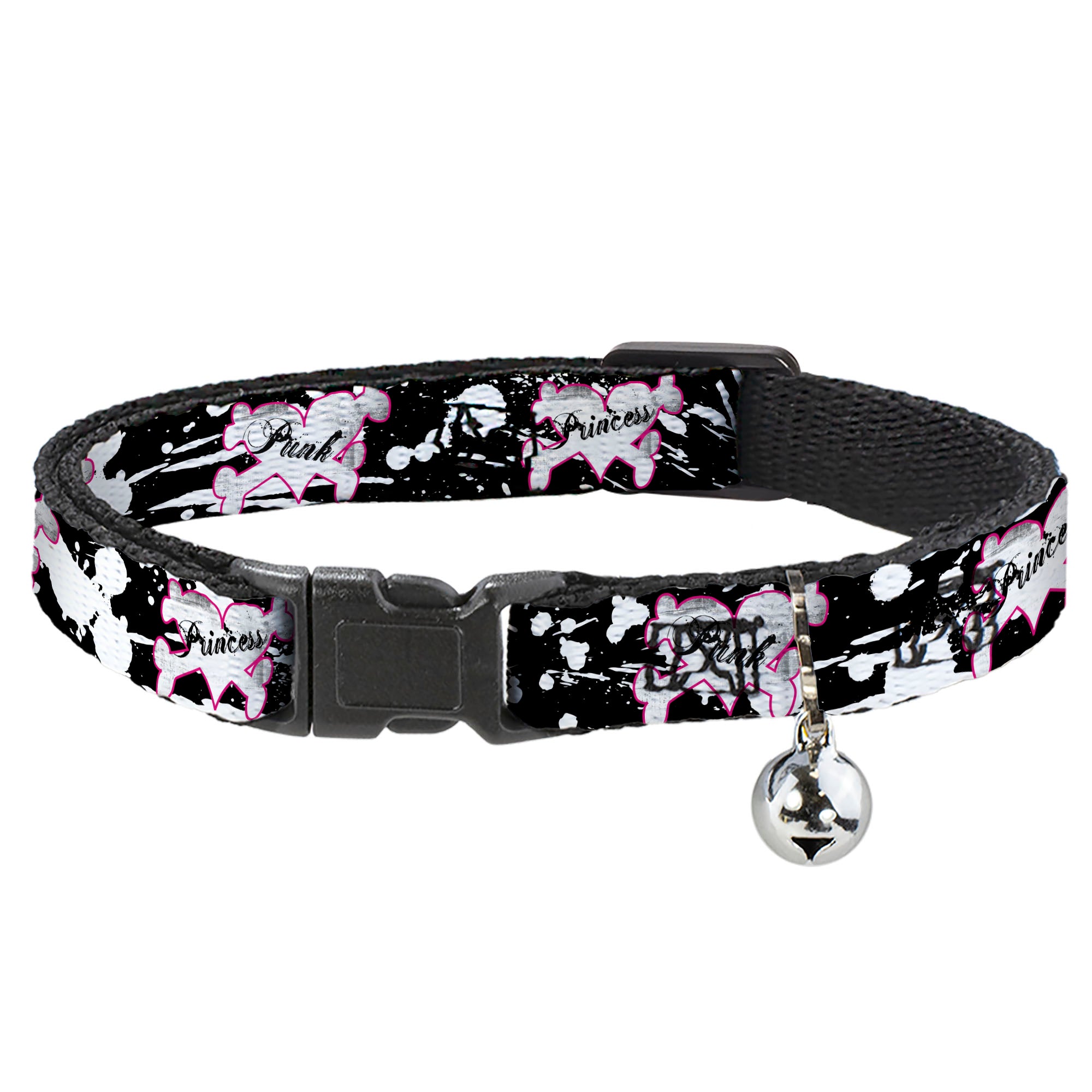 Cat Collar Breakaway - Punk Princess Heart & Cross Bones w Splatter Black White Breakaway Cat Collars Buckle-Down