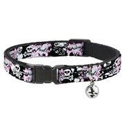 Cat Collar Breakaway - Punk Princess Heart & Cross Bones w Skulls & Splatter Black White Breakaway Cat Collars Buckle-Down