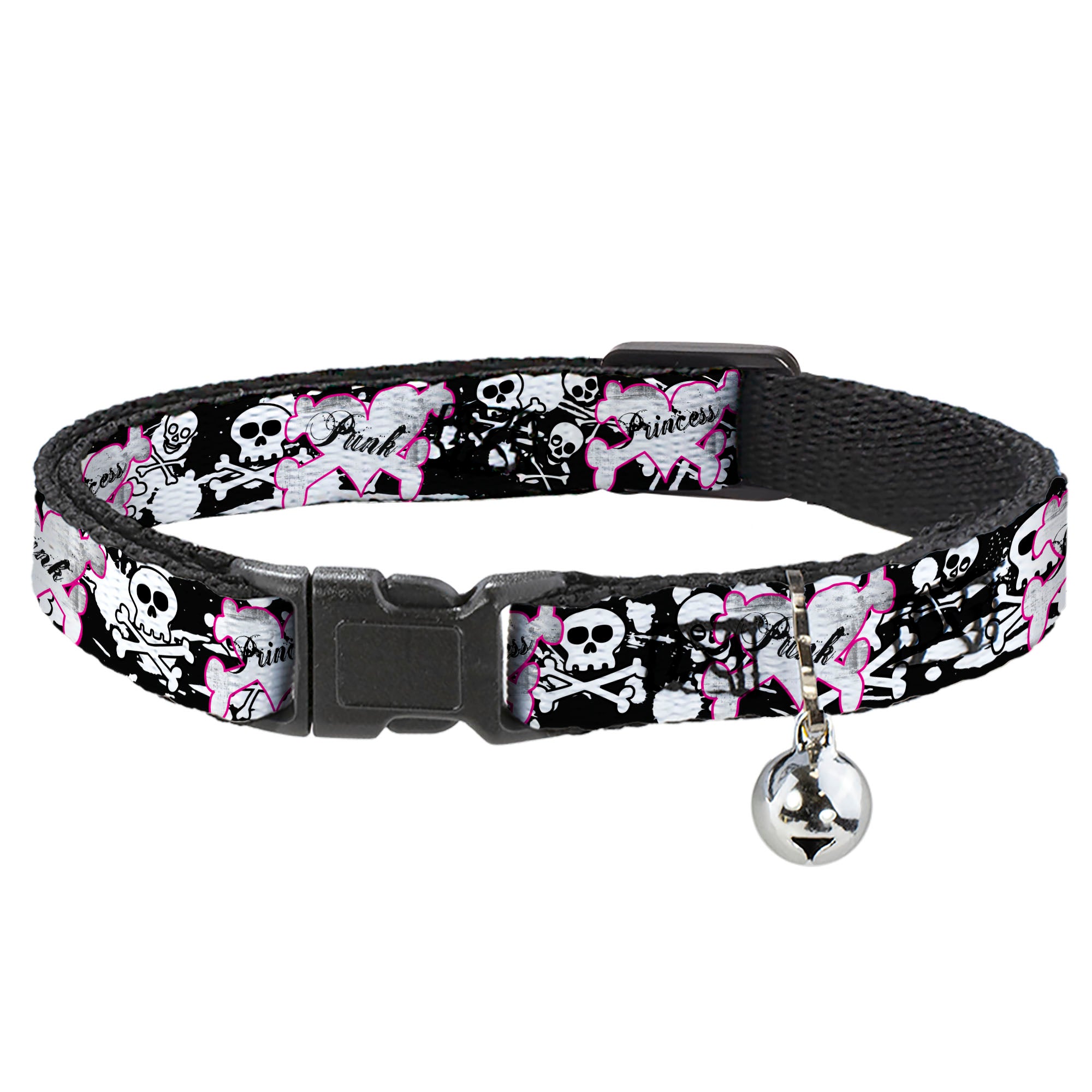 Cat Collar Breakaway - Punk Princess Heart & Cross Bones w Skulls & Splatter Black White Breakaway Cat Collars Buckle-Down