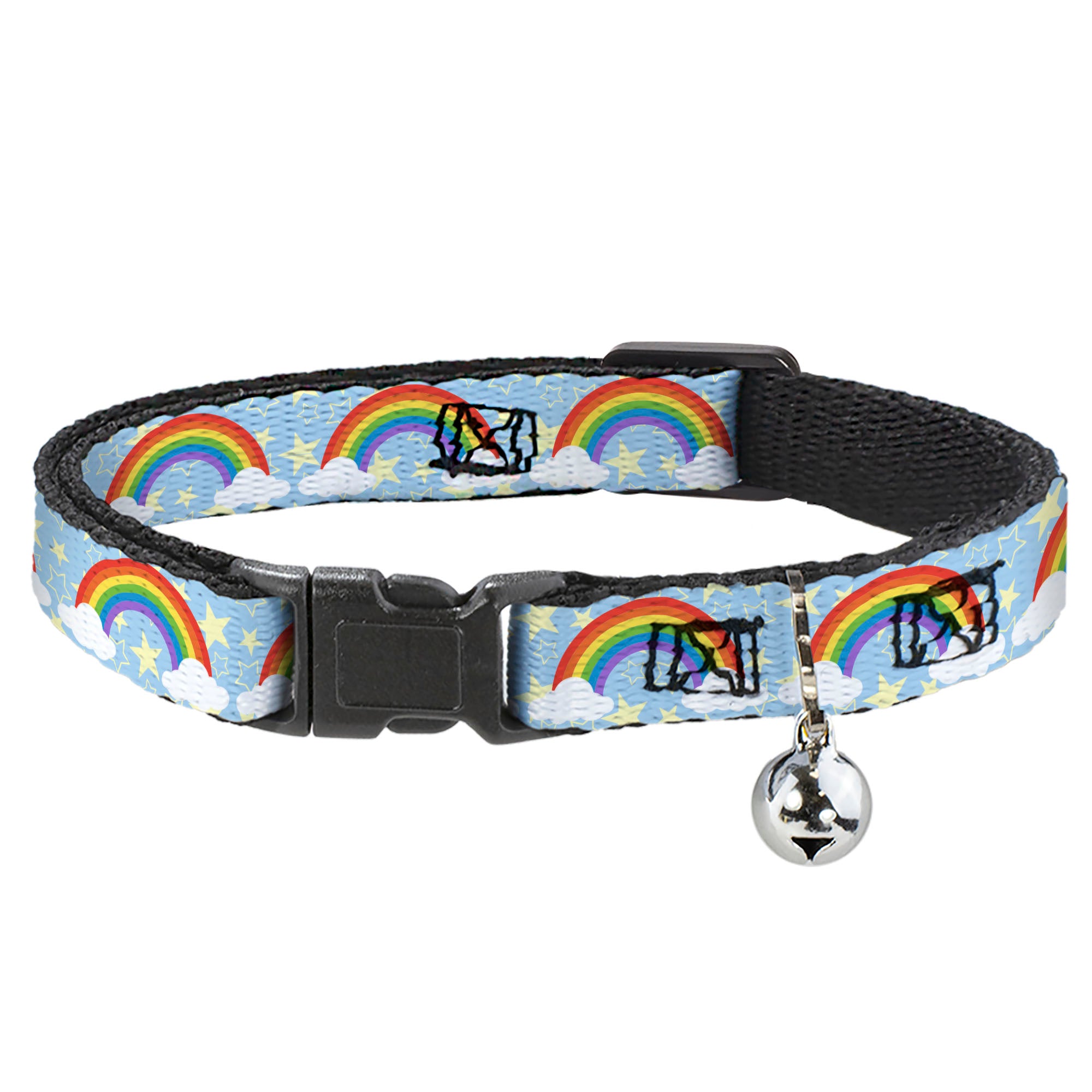 Cat Collar Breakaway with Bell - Rainbows & Stars Light Blue Yellow Rainbow - NARROW Fits 8.5-12" Breakaway Cat Collars Buckle-Down