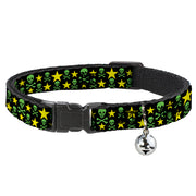 Cat Collar Breakaway - Skulls & Stars Black Green Yellow Breakaway Cat Collars Buckle-Down