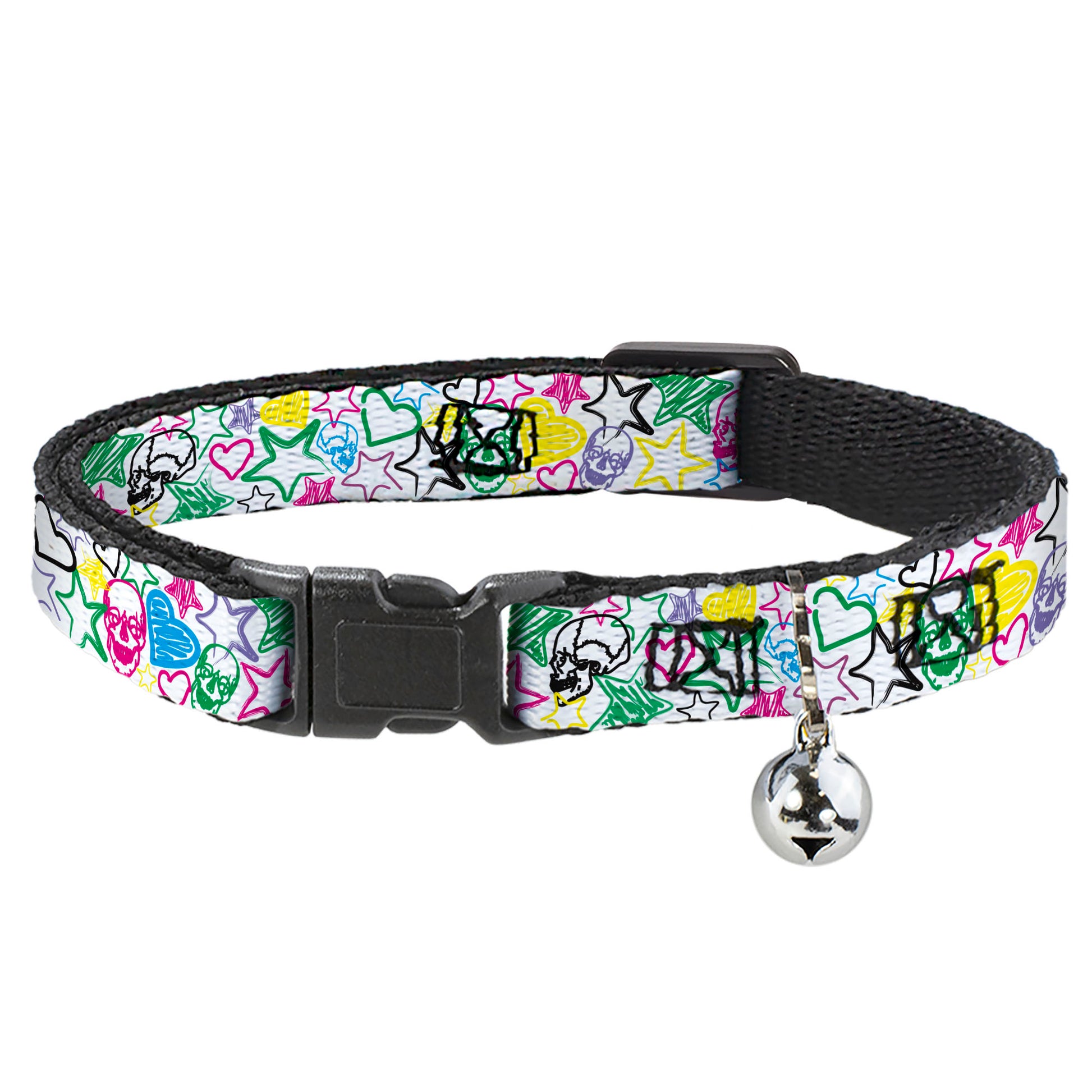 Cat Collar Breakaway - Sketch Skull Star Heart White Multi Color Breakaway Cat Collars Buckle-Down