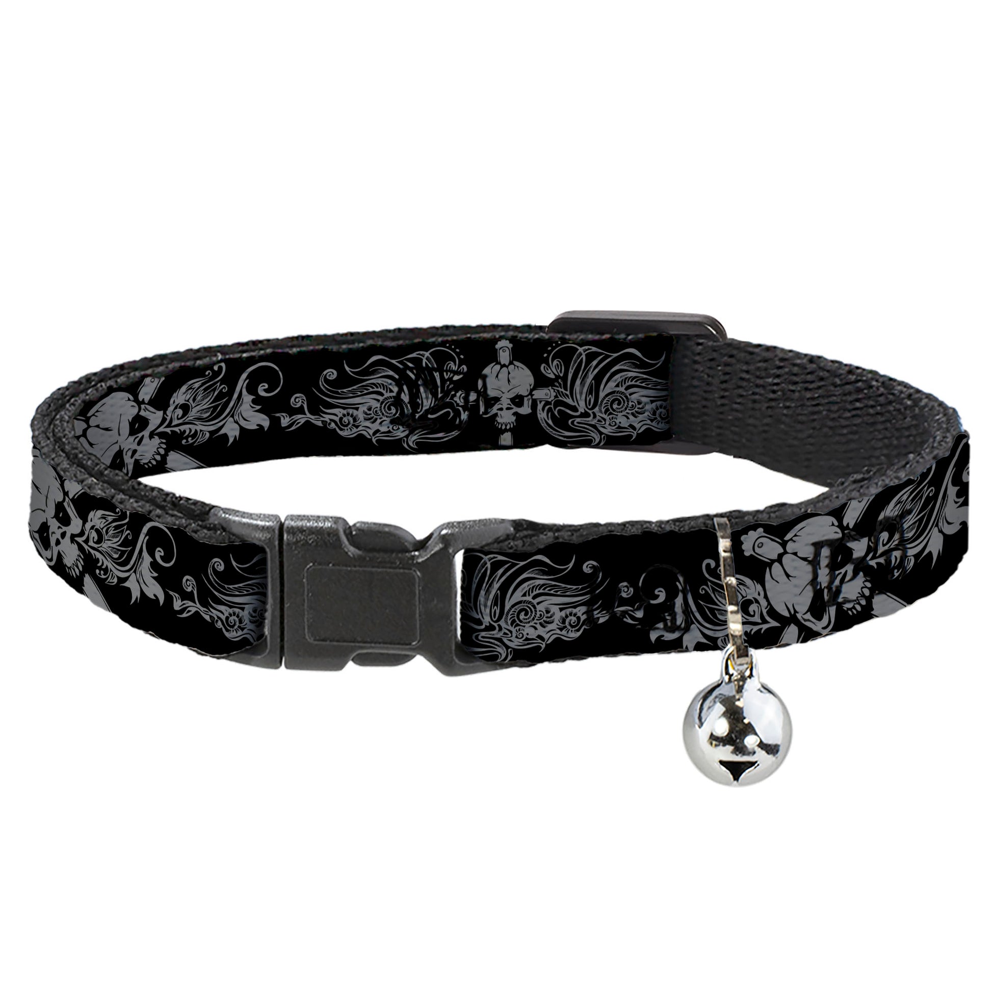 Cat Collar Breakaway - Skull & Dagger w Filigree Black Gray Breakaway Cat Collars Buckle-Down