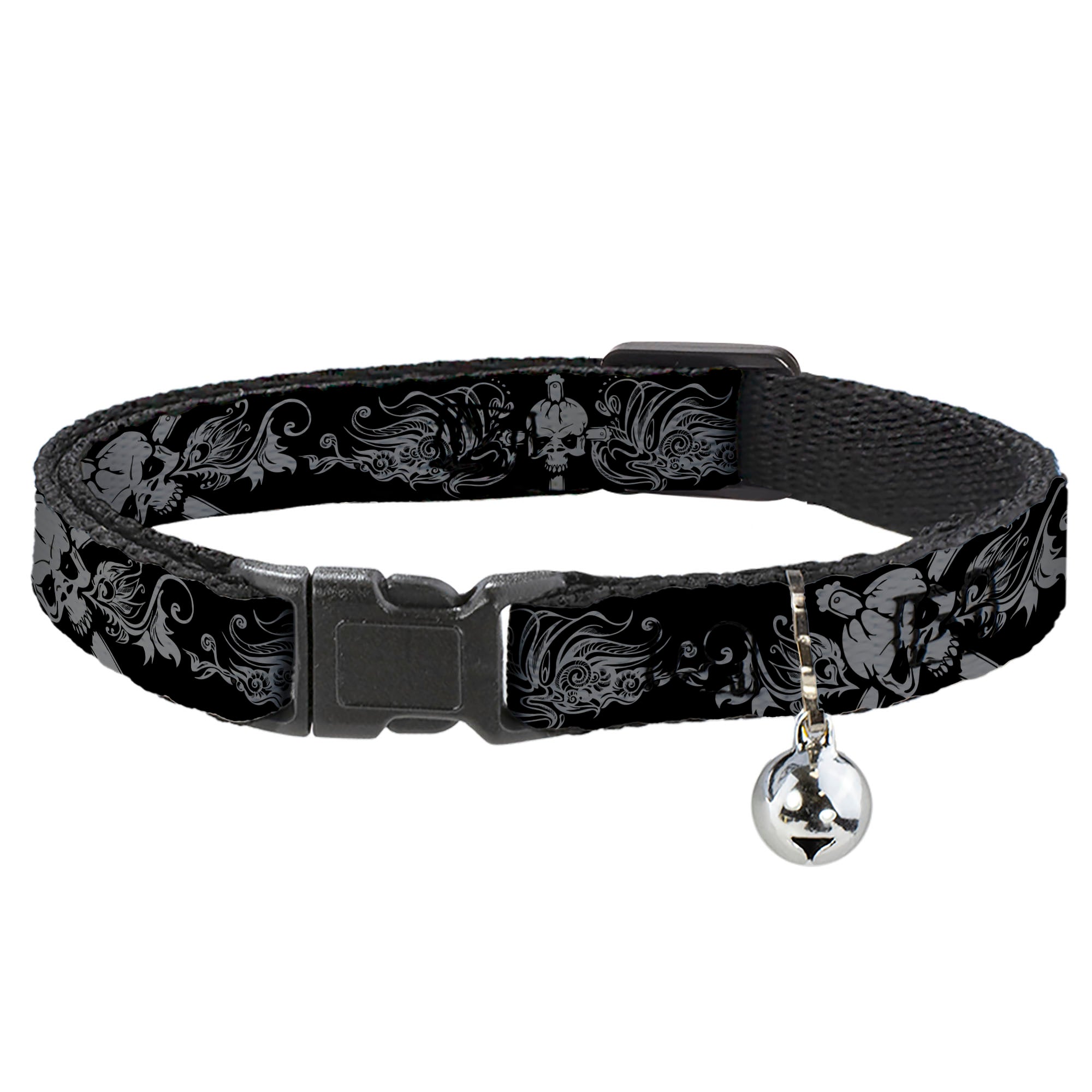 Cat Collar Breakaway - Skull & Dagger w Filigree Black Gray Breakaway Cat Collars Buckle-Down