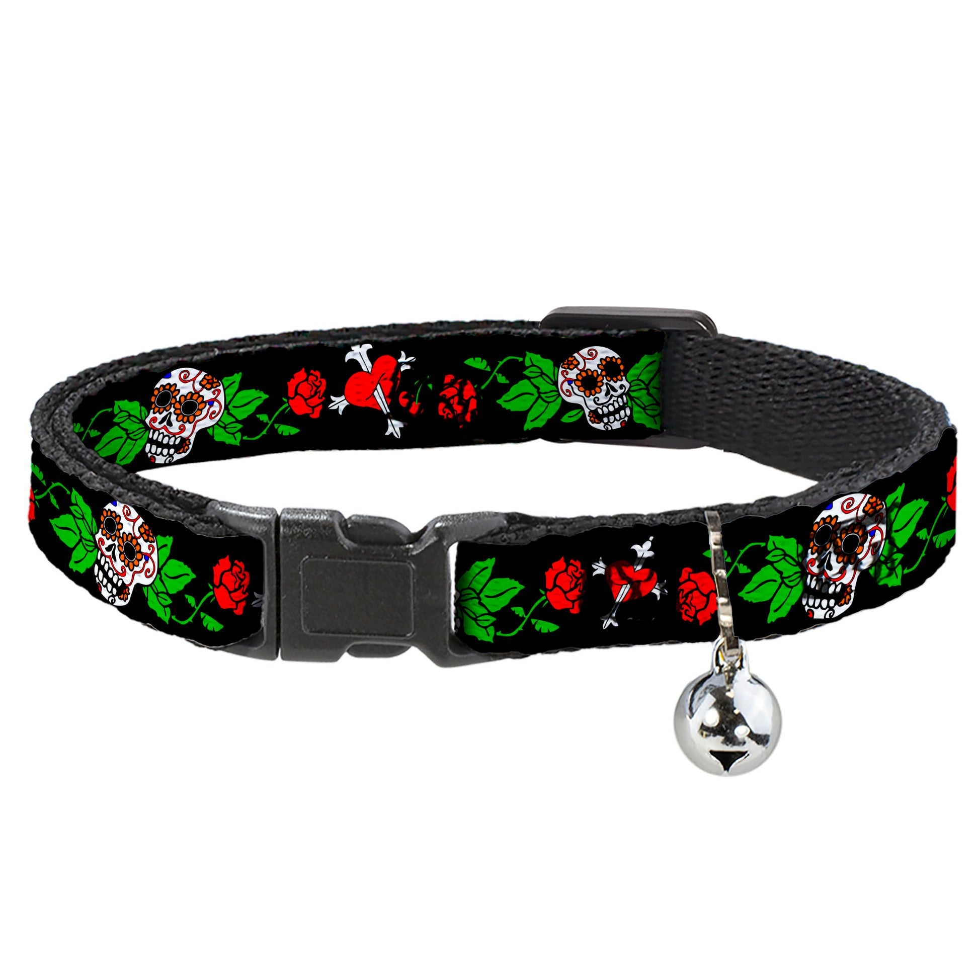 Cat Collar Breakaway - Sugar Skull w Roses & Heart Breakaway Cat Collars Buckle-Down